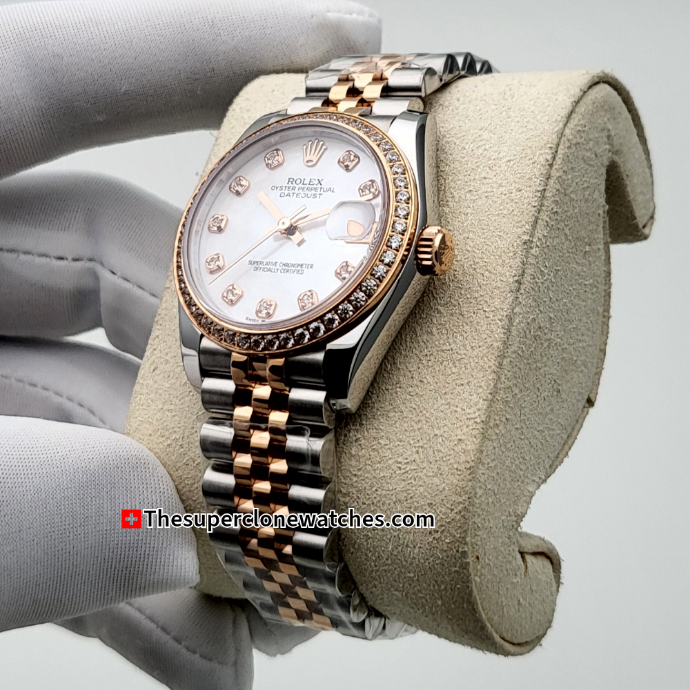 Rolex Datejust Oystersteel and Everose Gold Diamonds Set White Mother-of-Pearl Dial 31mm Exact 1:1 Super Clone 2236 Swiss Movement Replica Watch Ref-278381RBR