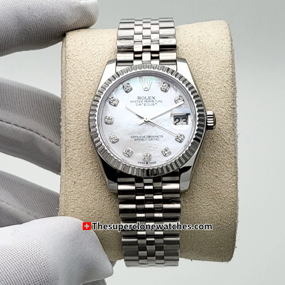 Rolex Datejust Oystersteel and White Gold Diamonds Set White Mother-of-Pearl Dial 31mm Exact 1:1 Super Clone 2236 Swiss Movement Replica Watch Ref-278274