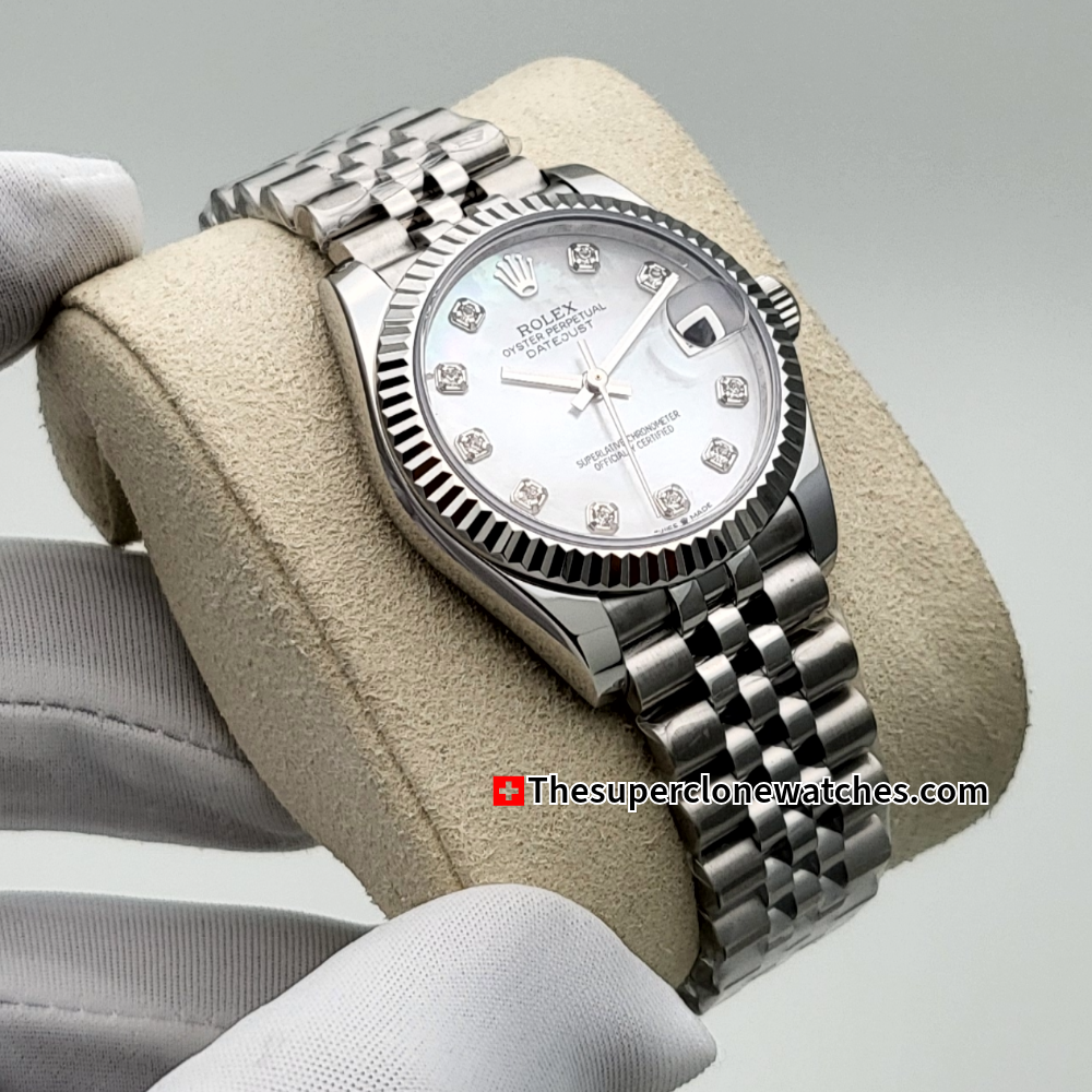 Rolex Datejust Oystersteel and White Gold Diamonds Set White Mother-of-Pearl Dial 31mm Exact 1:1 Super Clone 2236 Swiss Movement Replica Watch Ref-278274