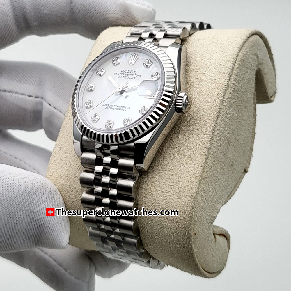 Rolex Datejust Oystersteel and White Gold Diamonds Set White Mother-of-Pearl Dial 31mm Exact 1:1 Super Clone 2236 Swiss Movement Replica Watch Ref-278274