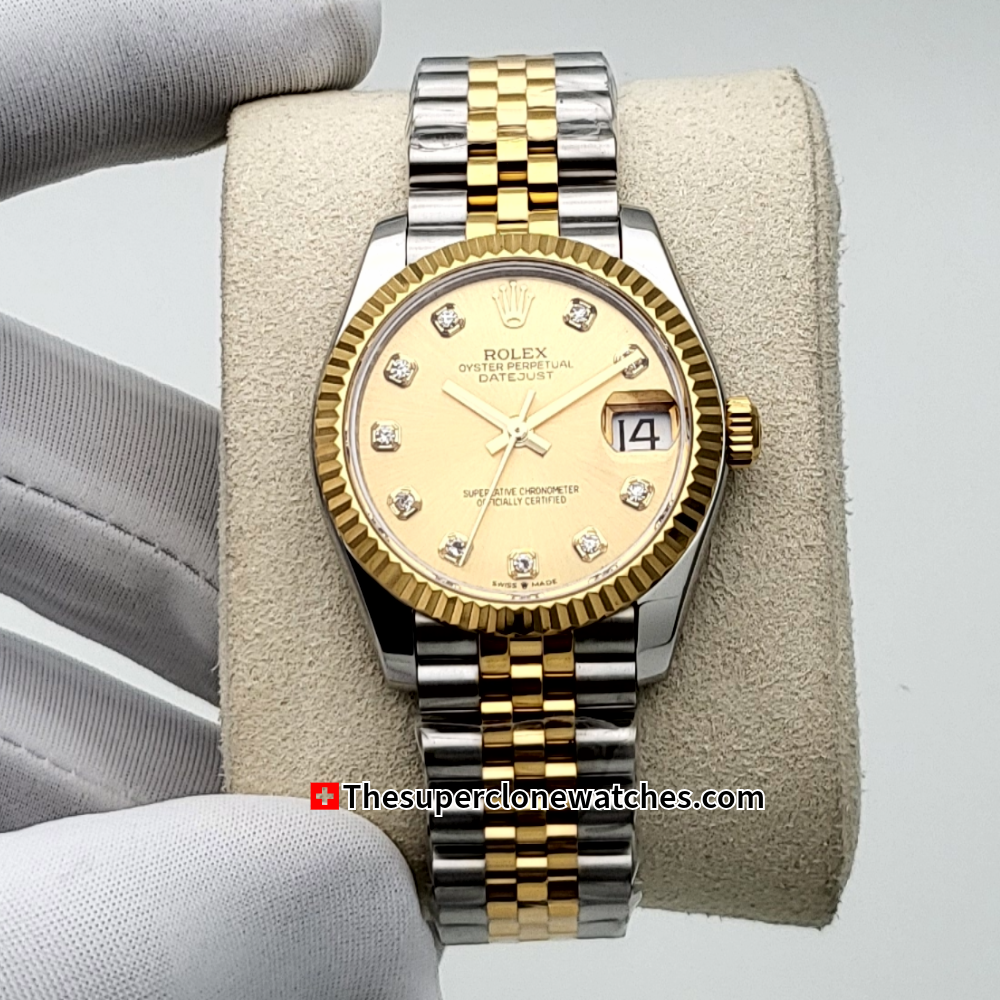 Rolex Datejust Oystersteel and Yellow Gold Diamonds Set Champagne-Colour Dial 31mm Exact 1:1 Super Clone 2236 Swiss Movement Replica Watch Ref-278273