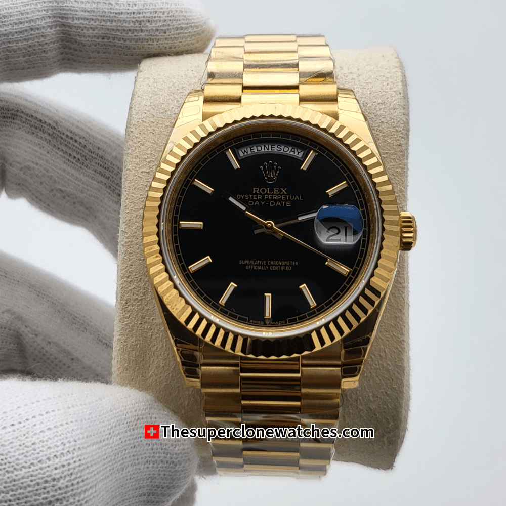 Rolex Day-Date 18kt Yellow Gold Bright Black Dial Exact 1:1 Super Clone 3255 Swiss Movement Replica Watch Ref-228238