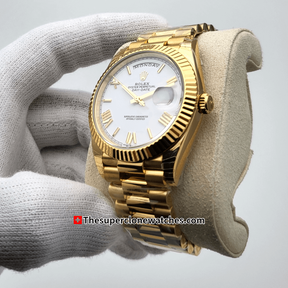 Rolex Day-Date 18kt Yellow Gold White Dial Exact 1:1 Super Clone 3255 Swiss Movement Replica Watch Ref-228238