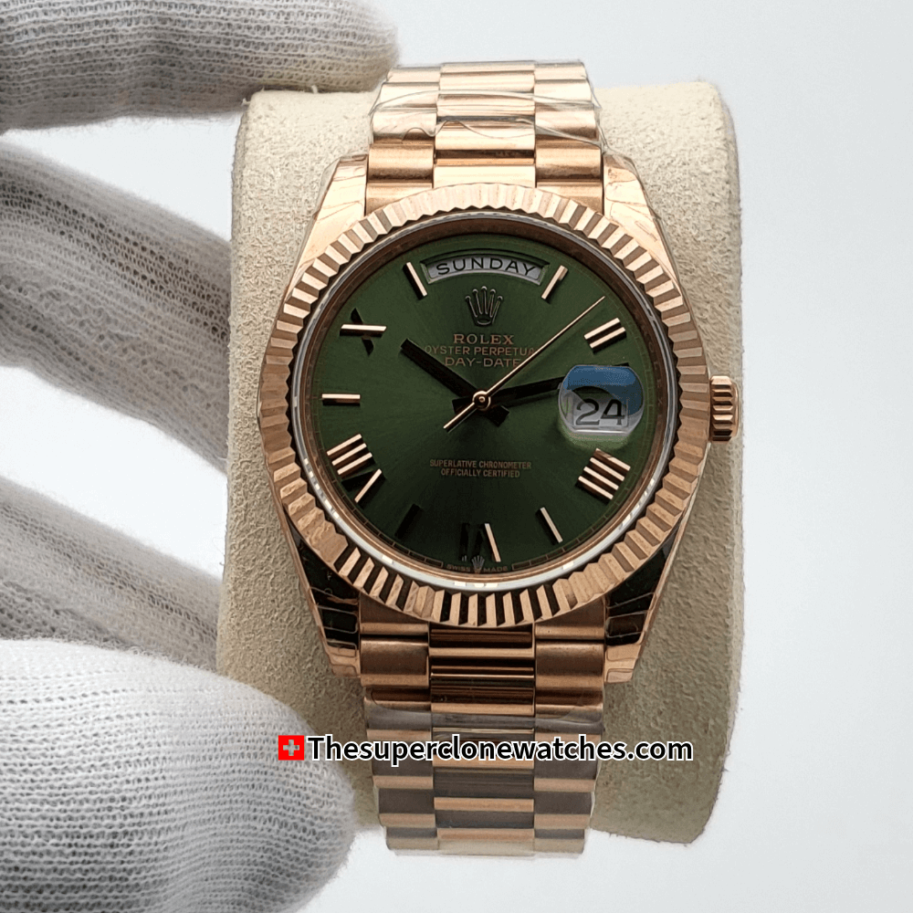 Rolex Day-Date Everose Gold Olive Green Dial Exact 1:1 Super Clone 3255 Swiss Movement Replica Watch Ref-228235
