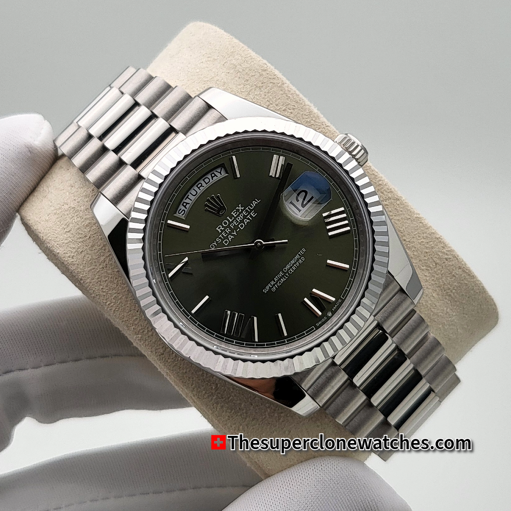 Rolex Day-Date Oyster Platinum Olive Green Dial Exact 1:1 Super Clone 3255 Swiss Movement Replica Watch Ref-228236