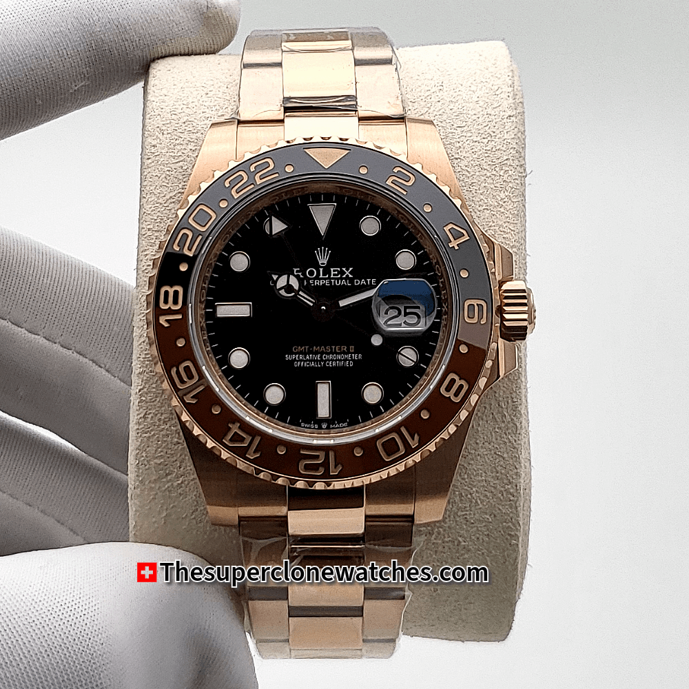 Rolex GMT Master II Everose Gold Exact 1:1 Super Clone 3285 Swiss Movement Replica Watch Ref-126715CHNR