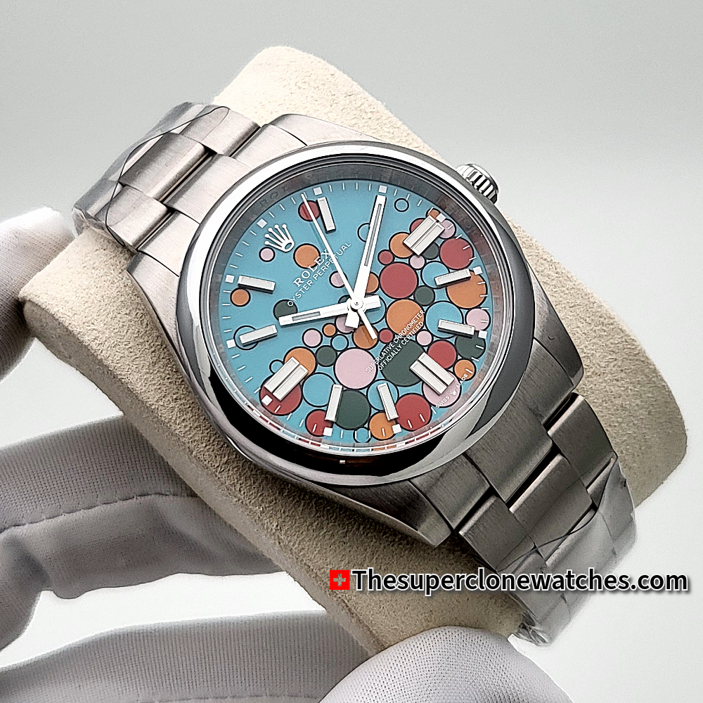 Rolex Oyster Perpetual Turquoise Blue Celebration Motif Dial Exact 1:1 Super Clone 3230 Swiss Movement Replica Watch Ref-134300