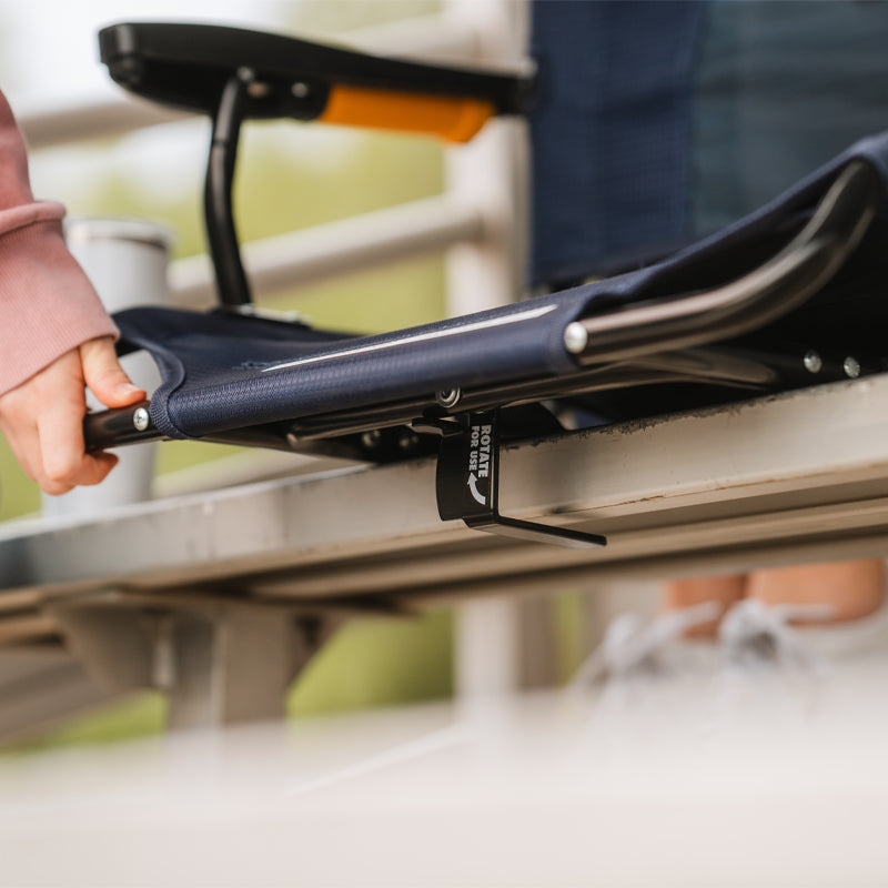 Close-up of Stadium Rock-Cliner showing l-hook bleacher attachment.