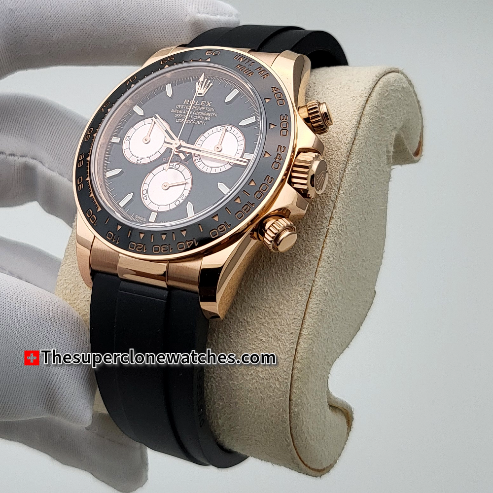 Rolex Cosmograph Daytona 18kt Everose Gold Oysterflex Bright Black and Sundust Dial Exact 1:1 Super Clone 4131 Swiss Movement Replica Watch Ref-126515LN