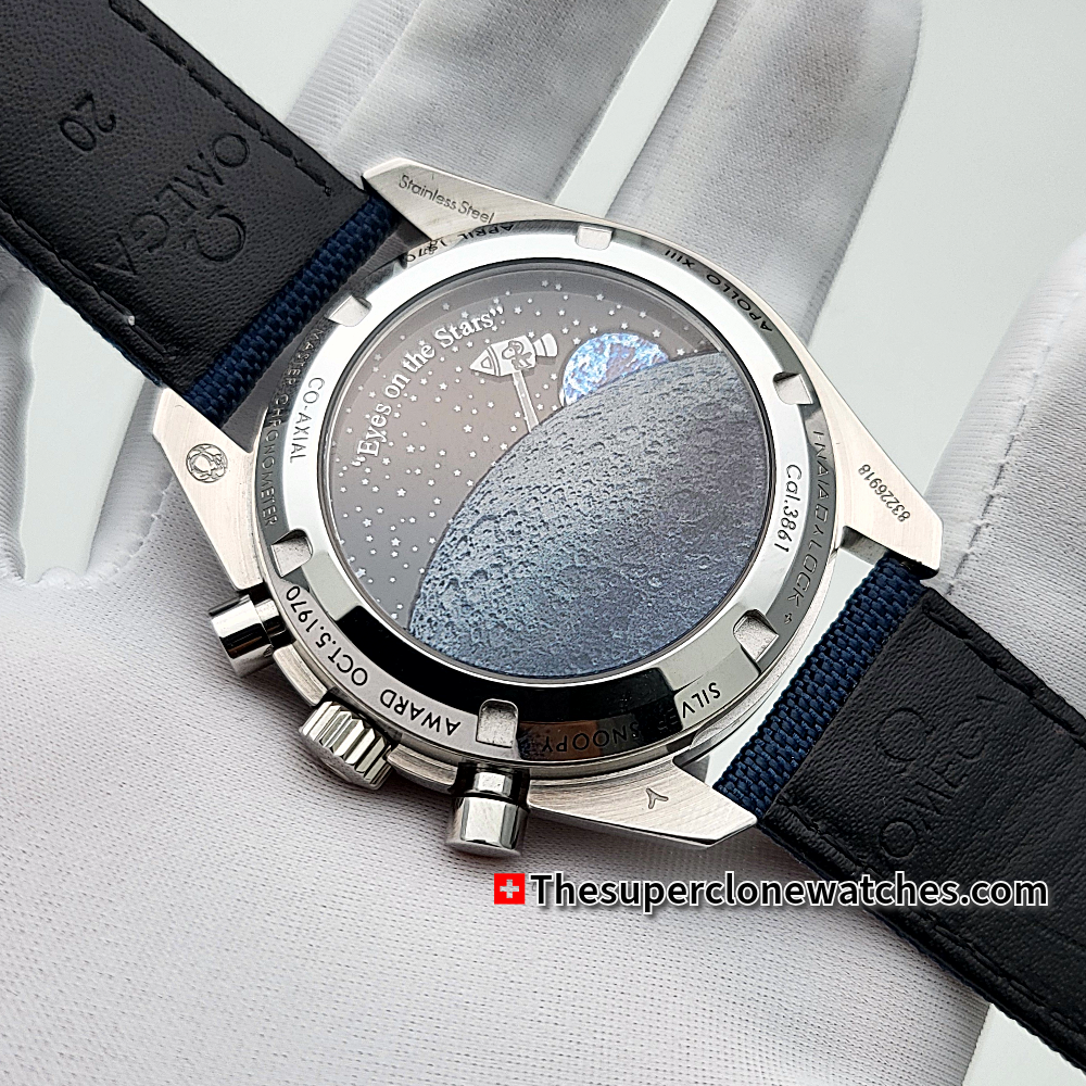 Omega Speedmaster Anniversary Series Silver Snoopy Award” 50th Anniversary 42mm Steel on Coated Nylon Fabric Strap Exact 1:1 Super Clone 3861 Swiss Movement Replica Watch