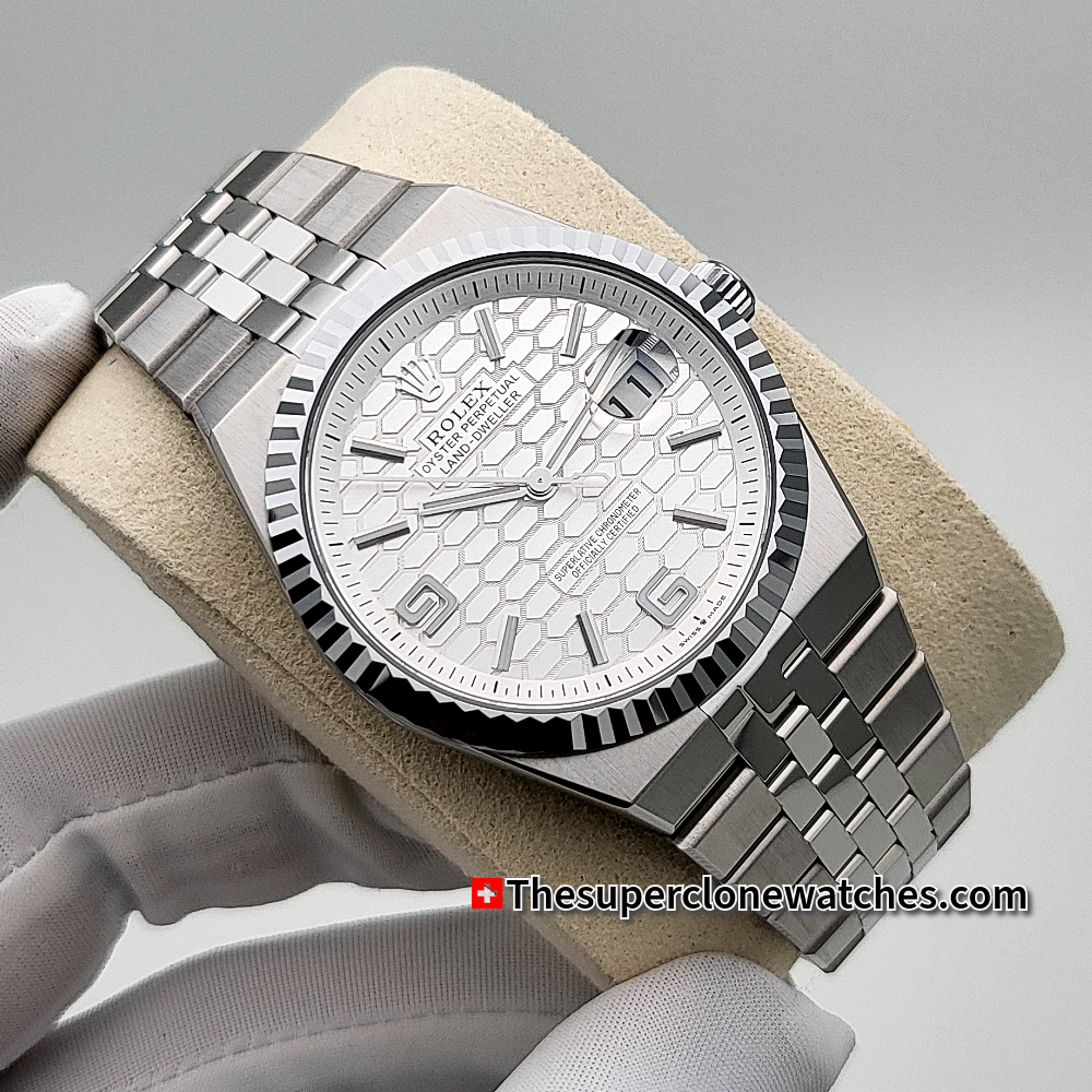 Rolex Land-Dweller 40mm Oystersteel and White Gold Intense White Honeycomb Motif Dial Exact 1:1 Super Clone 7135 Swiss Movement Replica Watch Ref-127334
