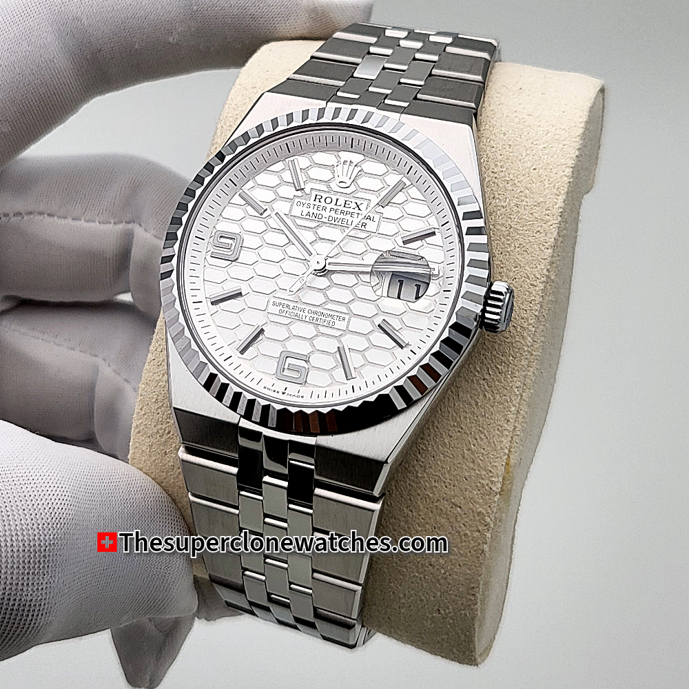 Rolex Land-Dweller 40mm Oystersteel and White Gold Intense White Honeycomb Motif Dial Exact 1:1 Super Clone 7135 Swiss Movement Replica Watch Ref-127334