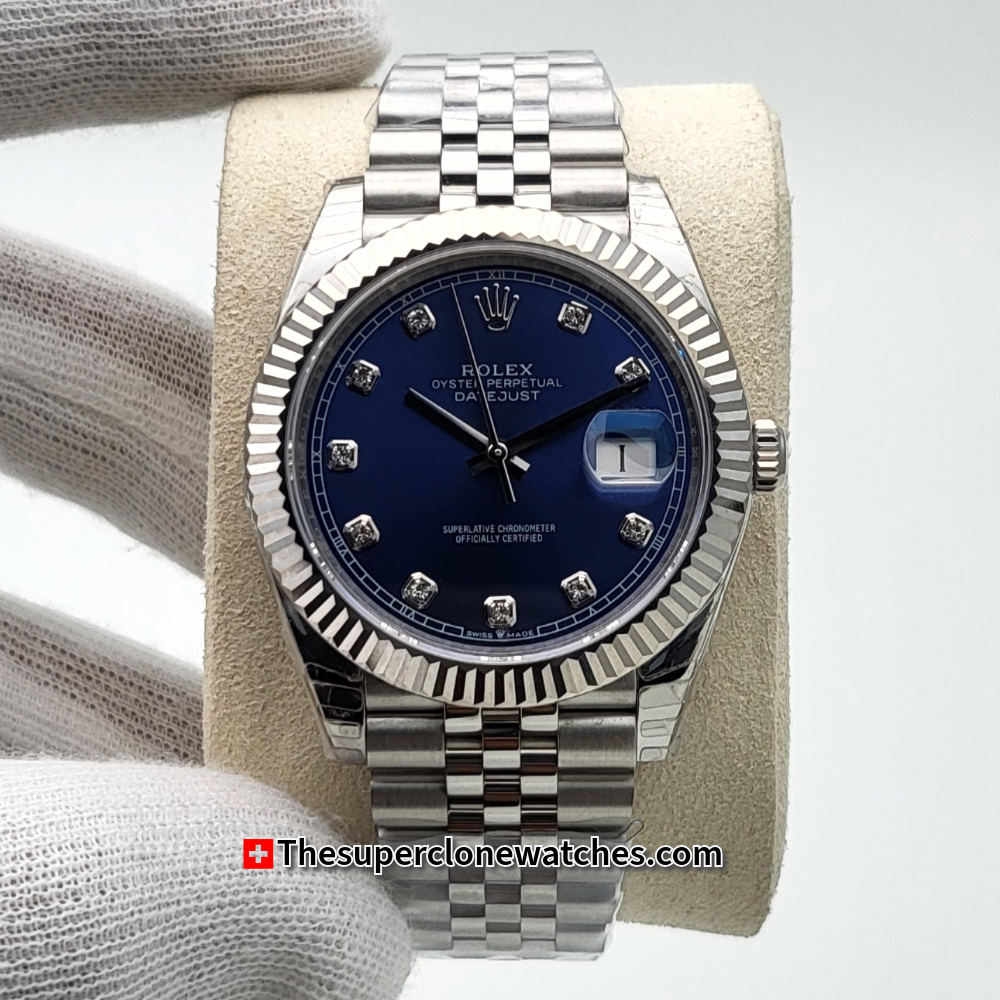 Rolex Datejust Oystersteel and White Gold Bright Blue with Diamonds Set Dial Exact 1:1 Super Clone 3235 Swiss Movement Replica Watch Ref-126334