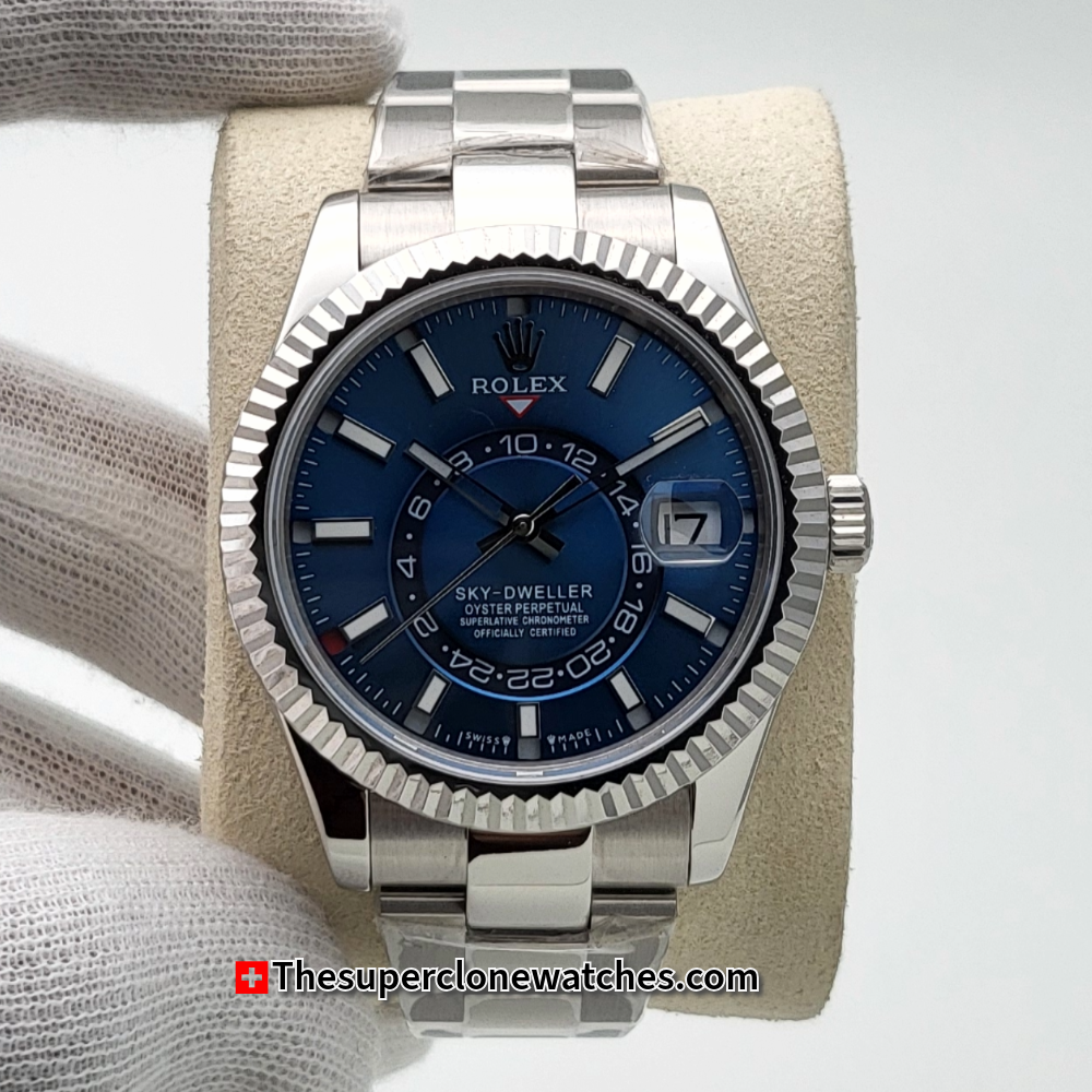 Rolex Sky-Dweller Oystersteel and White Gold Bright Blue Dial Exact 1:1 Super Clone 9002 Swiss Movement Replica Watch Ref-336934