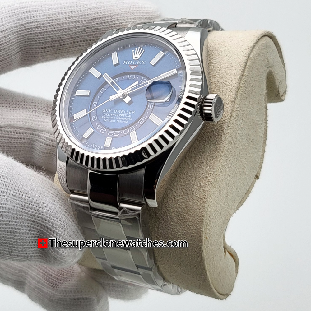 Rolex Sky-Dweller Oystersteel and White Gold Bright Blue Dial Exact 1:1 Super Clone 9002 Swiss Movement Replica Watch Ref-336934