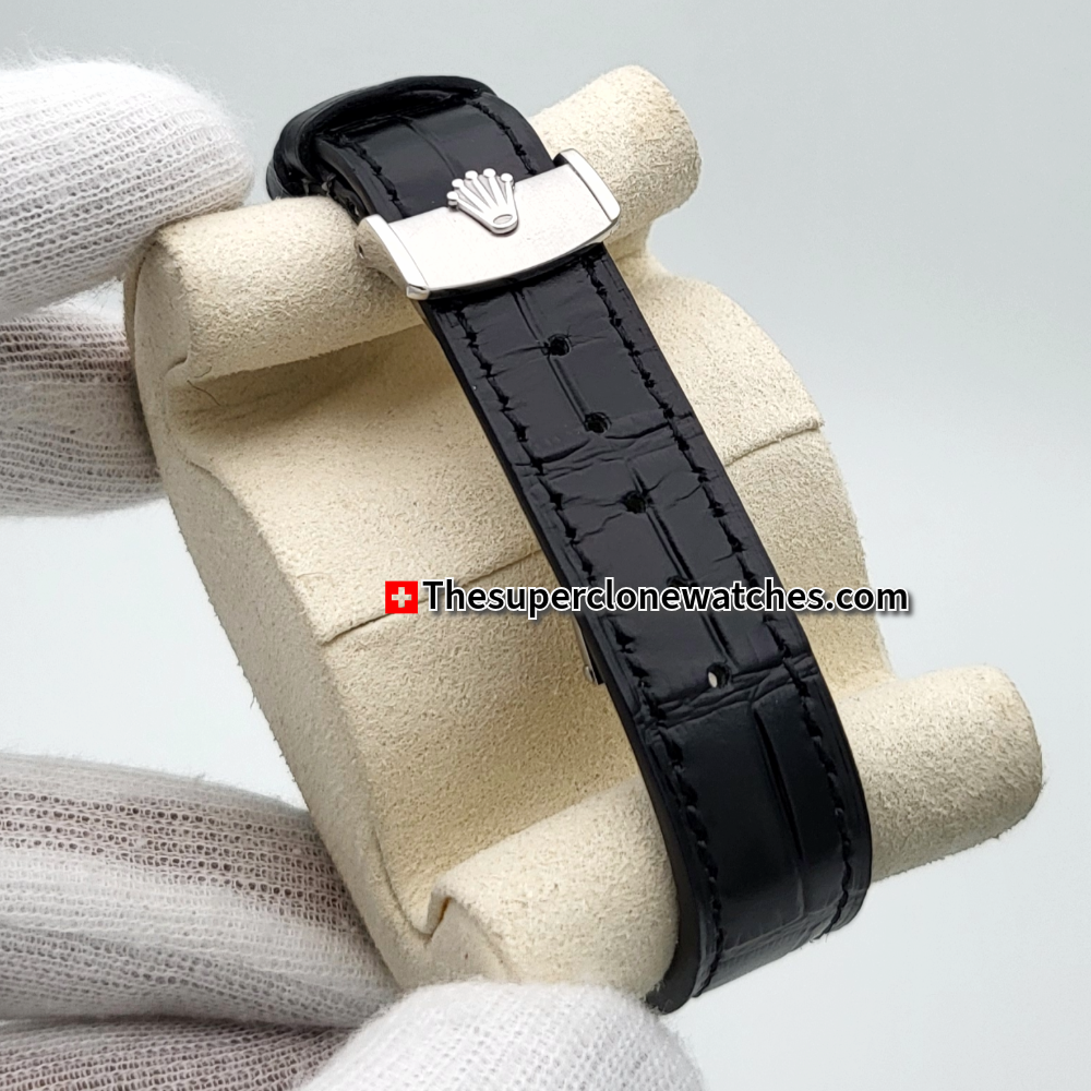 Rolex 1908 18kt White Gold Intense Black Dial Alligator Strap Exact 1:1 Super Clone 7140 Swiss Movement Replica Watch Ref-52509