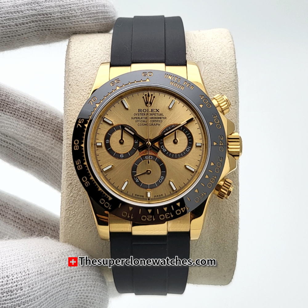 Rolex Cosmograph Daytona 18kt Yellow Gold Oysterflex Golden Dial Exact 1:1 Super Clone 4131 Swiss Movement Replica Watch Ref-126518LN