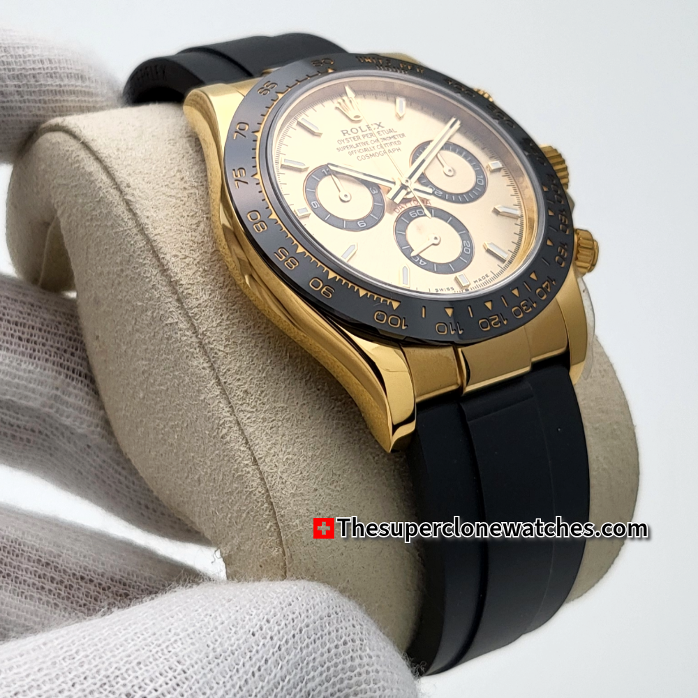 Rolex Cosmograph Daytona 18kt Yellow Gold Oysterflex Golden Dial Exact 1:1 Super Clone 4131 Swiss Movement Replica Watch Ref-126518LN