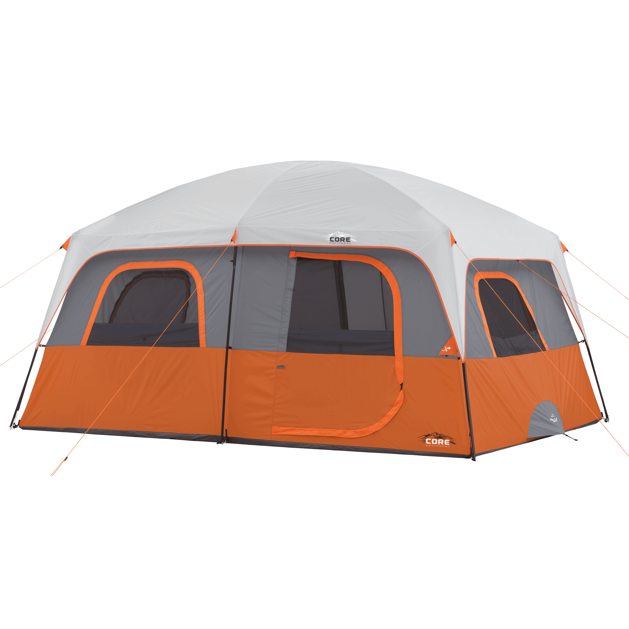 CORE 10 person straight wall cabin tent in orange and gray shown fully set up with large windows and tall standing-height design.