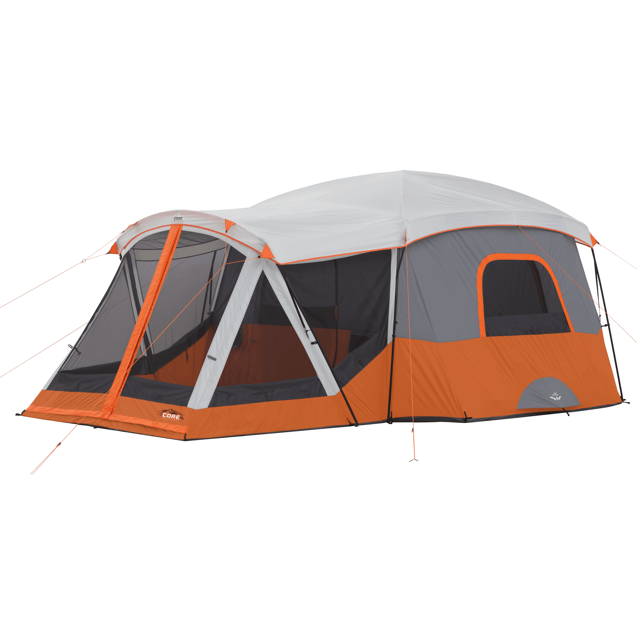 CORE 11 person straight wall cabin tent with screen room in orange and gray shown fully set up with large windows and tall standing-height design.