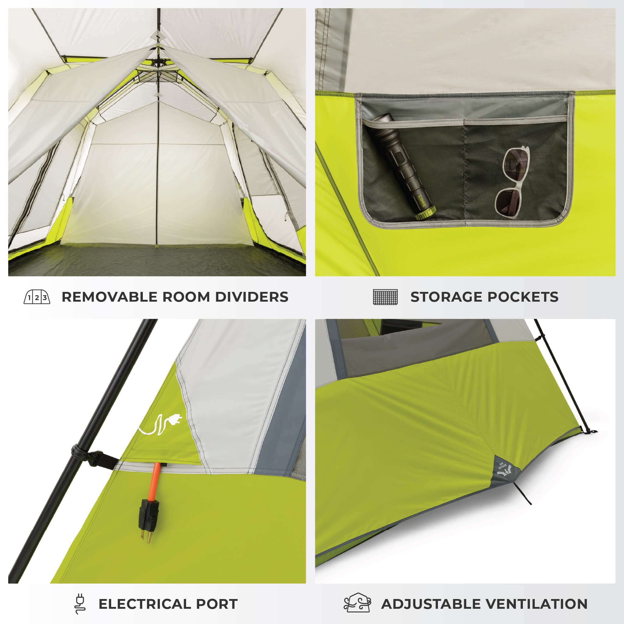 Image shows tent features labeled: Removable Room Dividers, Storage Pockets, Electrical Port, and Adjustable Ventilation.