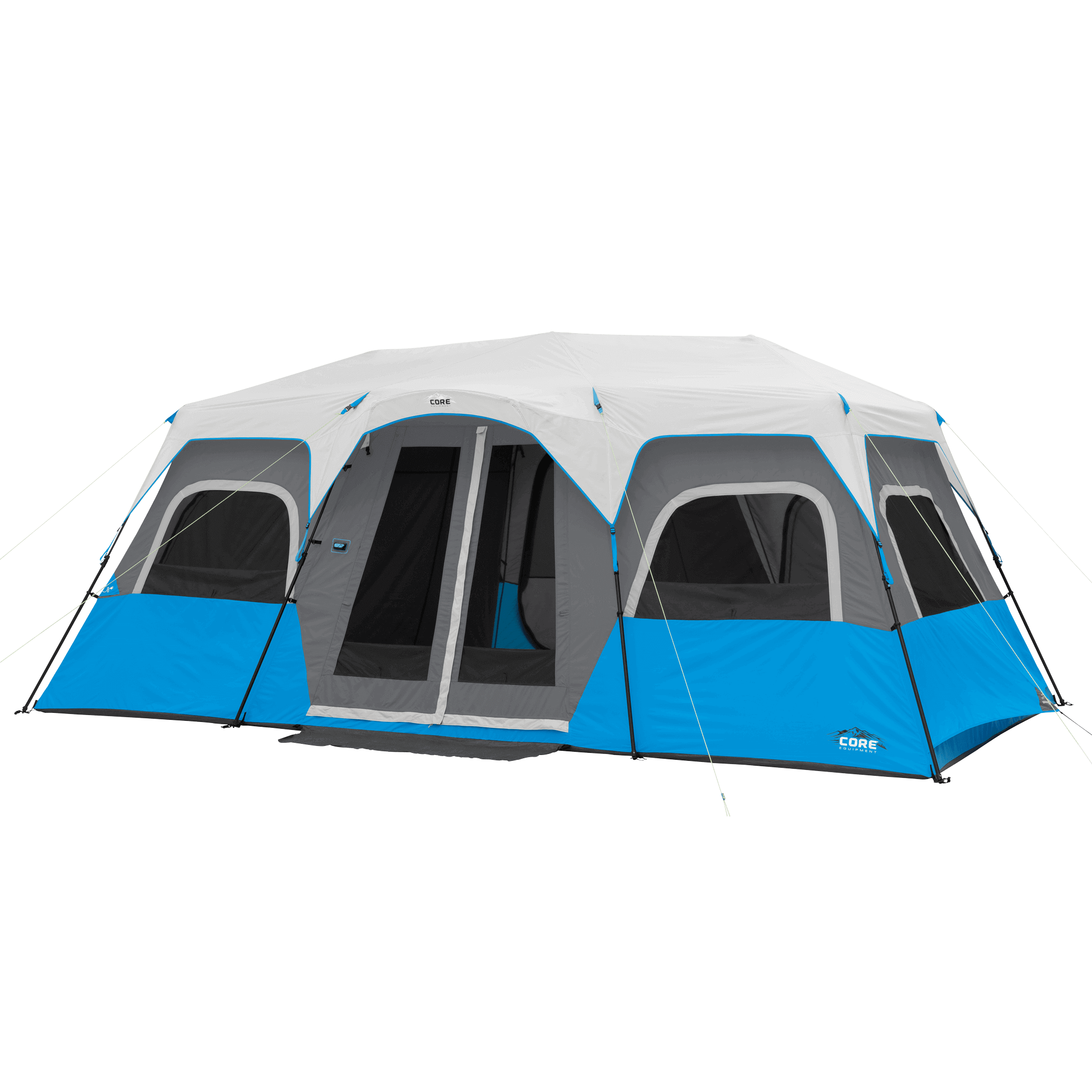 CORE 12 person lighted instant cabin tent in blue and gray, featuring pre-attached poles for a quick 2-minute setup and spacious interior.