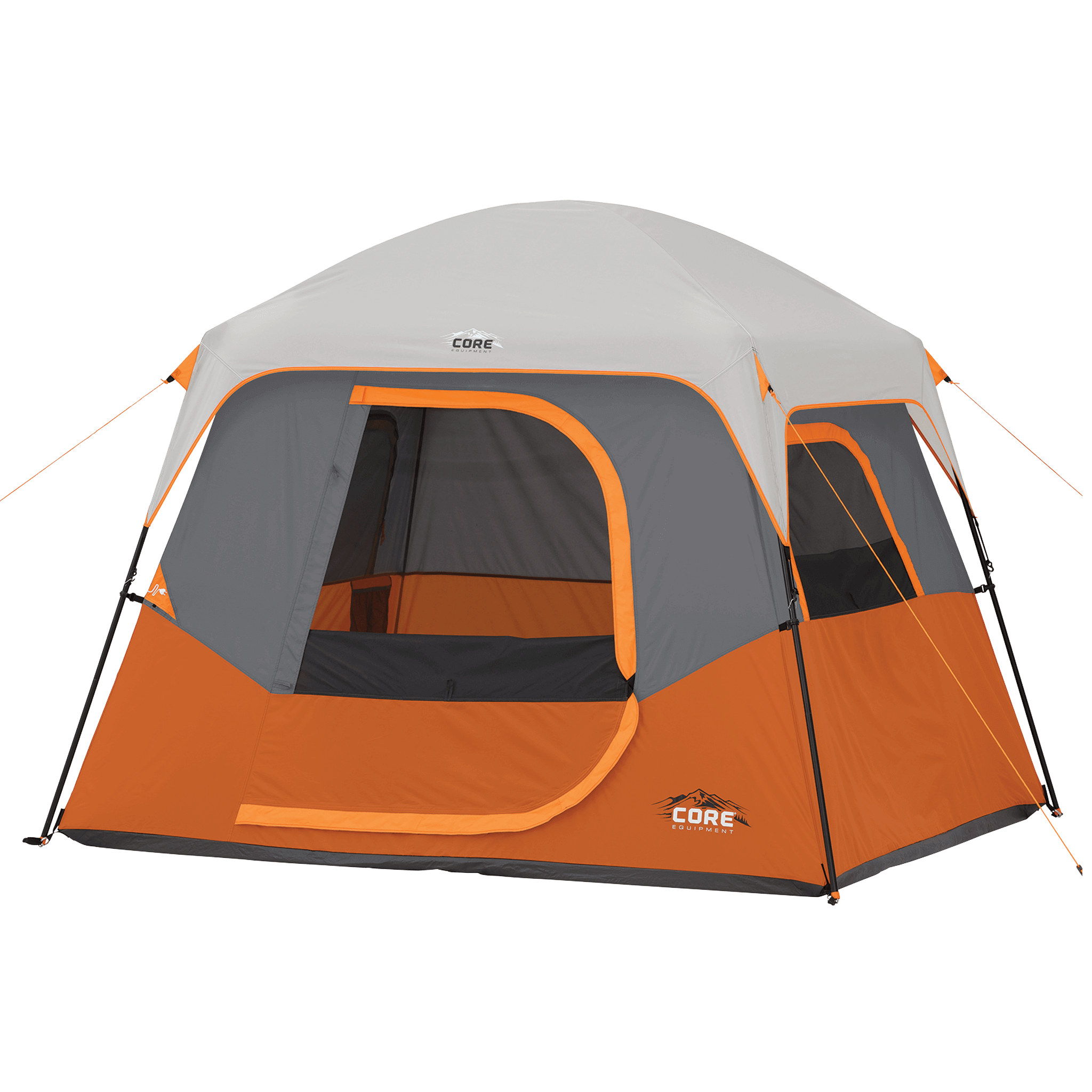 CORE 4 person straight wall cabin tent in orange and gray shown fully set up with large windows and tall standing-height design.