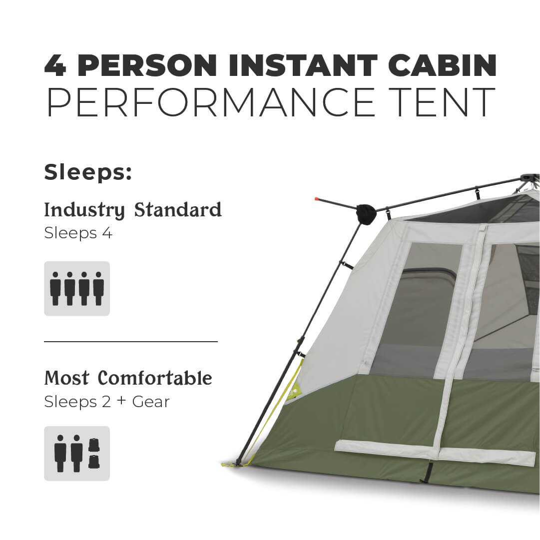 4 person instant cabin performance tent with text on capacity and comfort.