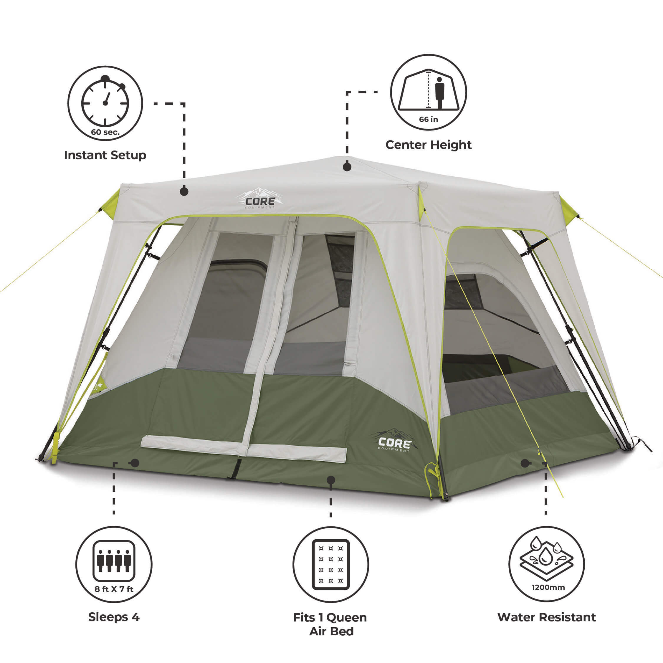 Green and gray 4 person instant acbin tent with dimensions highlighted.