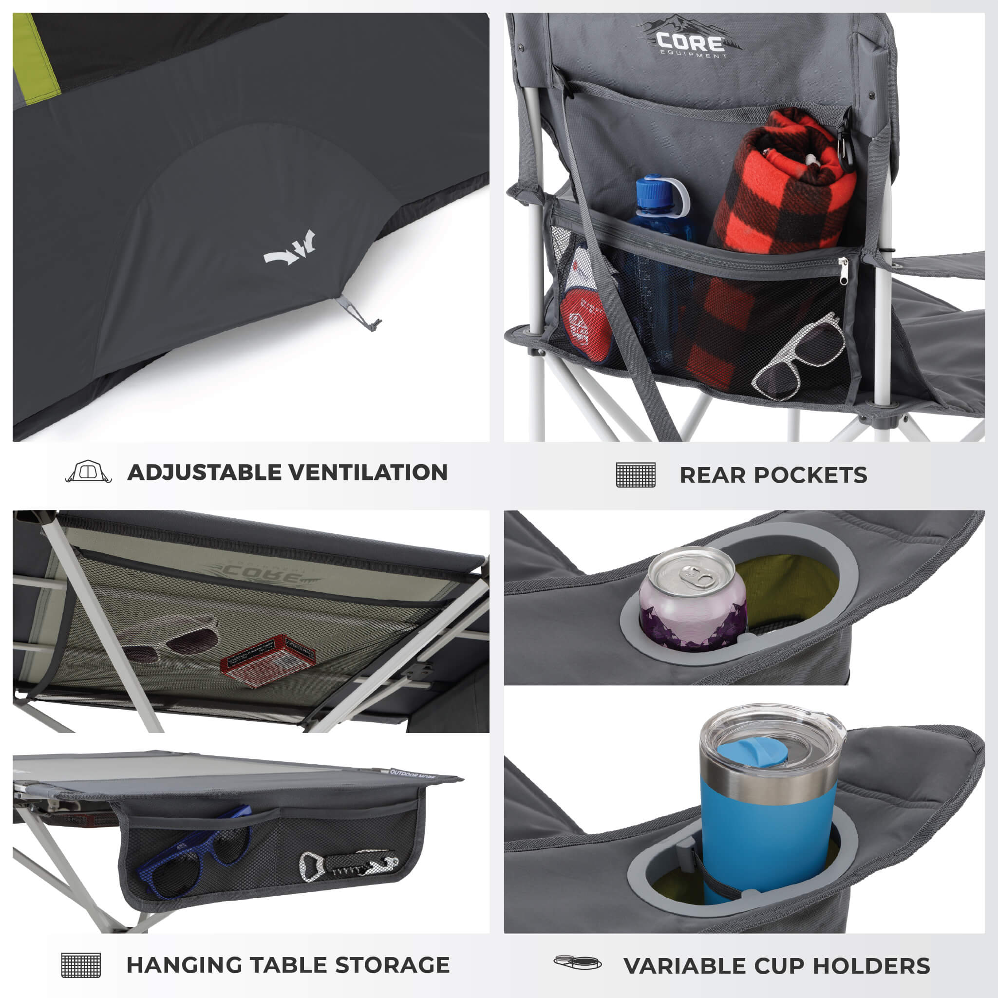 Details of CORE 4 person instant tent bundle showing adjustable ventilation, storage pockets on chair, hanging table storage, and cup holders.