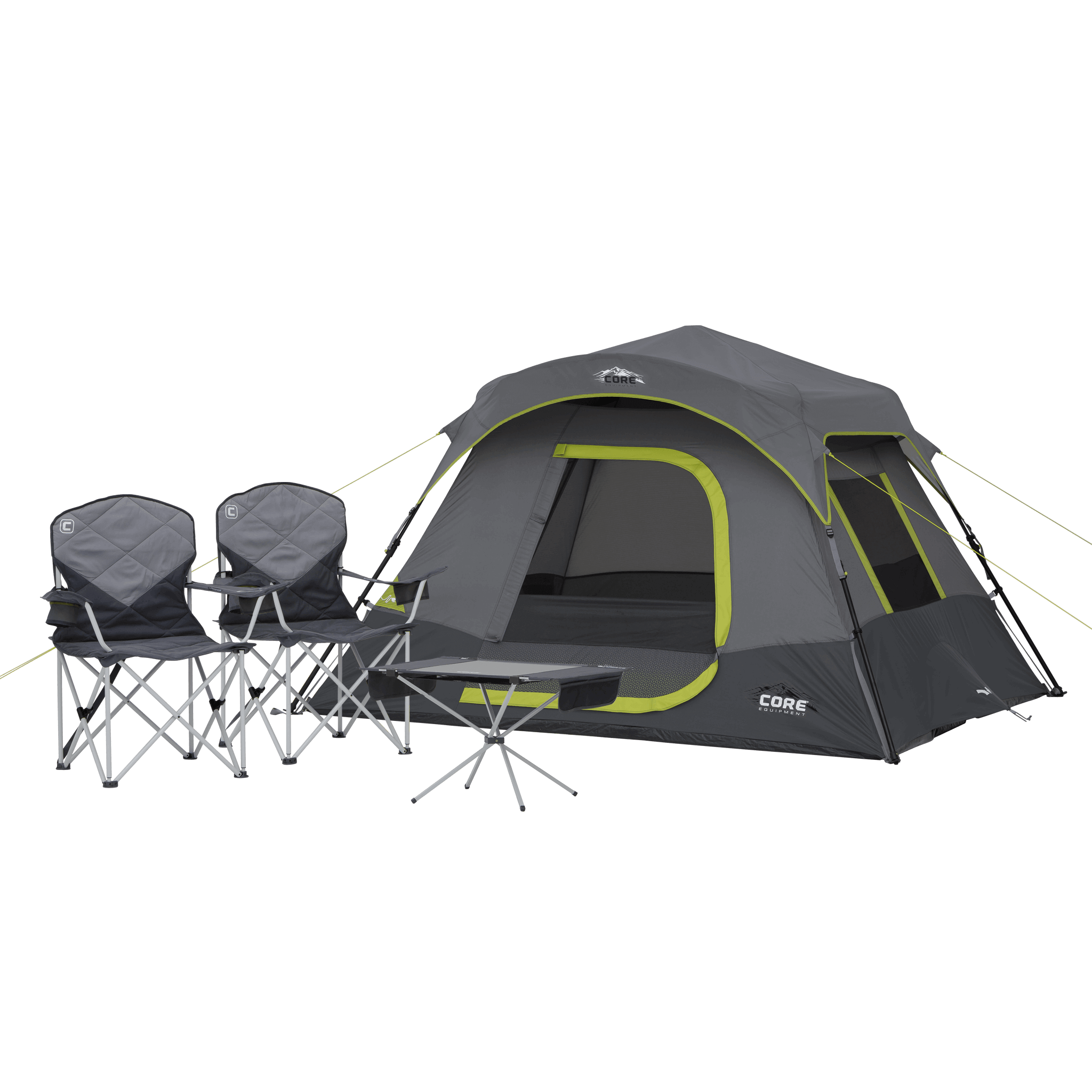 CORE 4 person instant tent bundle with two folding camp chairs and side table, featuring quick setup, water-resistant fabric, and storage options.