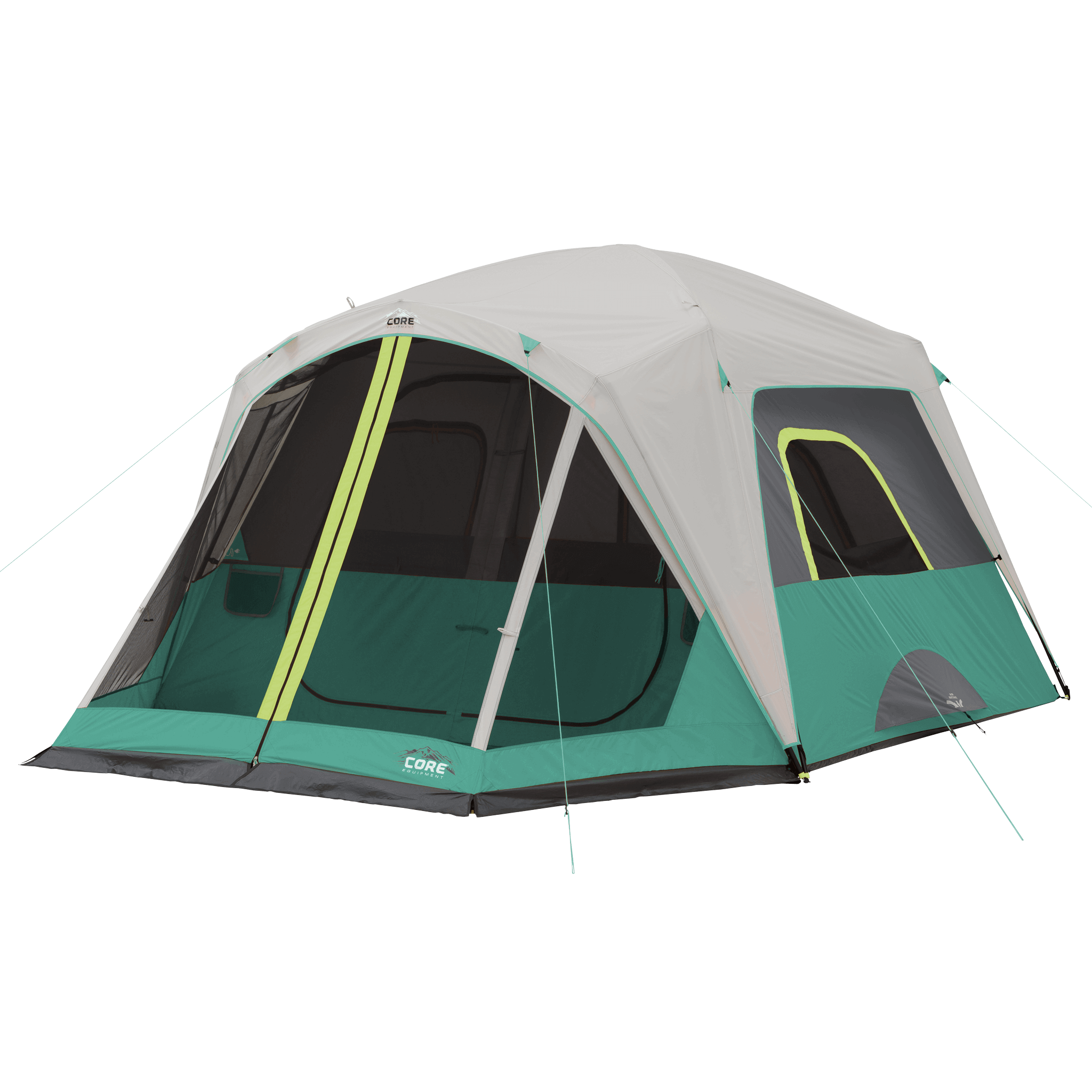 CORE 6 person straight wall cabin tent with screen room in teal and gray shown fully set up with large windows and tall standing-height design.