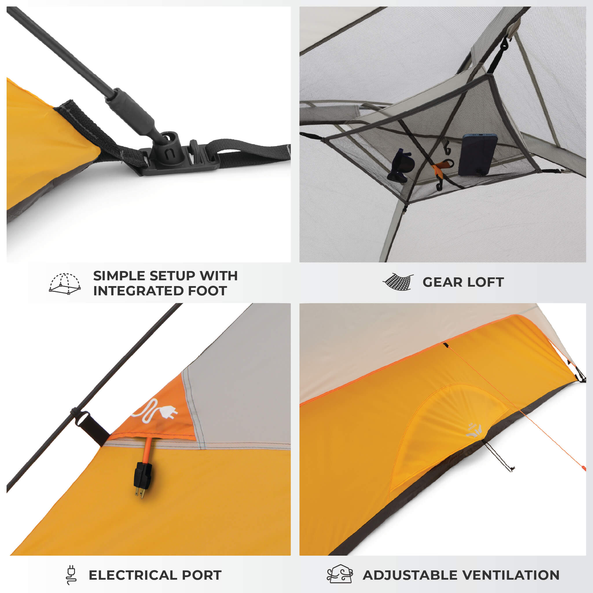CORE 6 person dome tent features graphic showing simple setup with integrated foot, gear loft, electrical port, and vents.