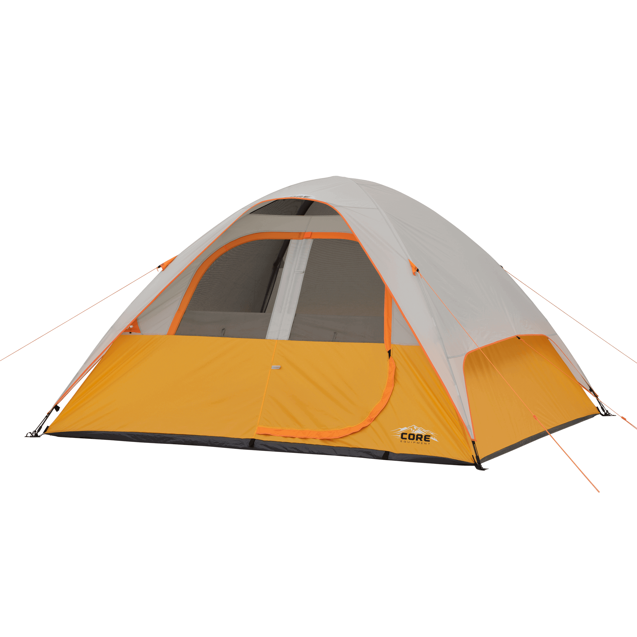 CORE 6 person dome tent with front D-door, weather protection, and compact design for outdoor camping.