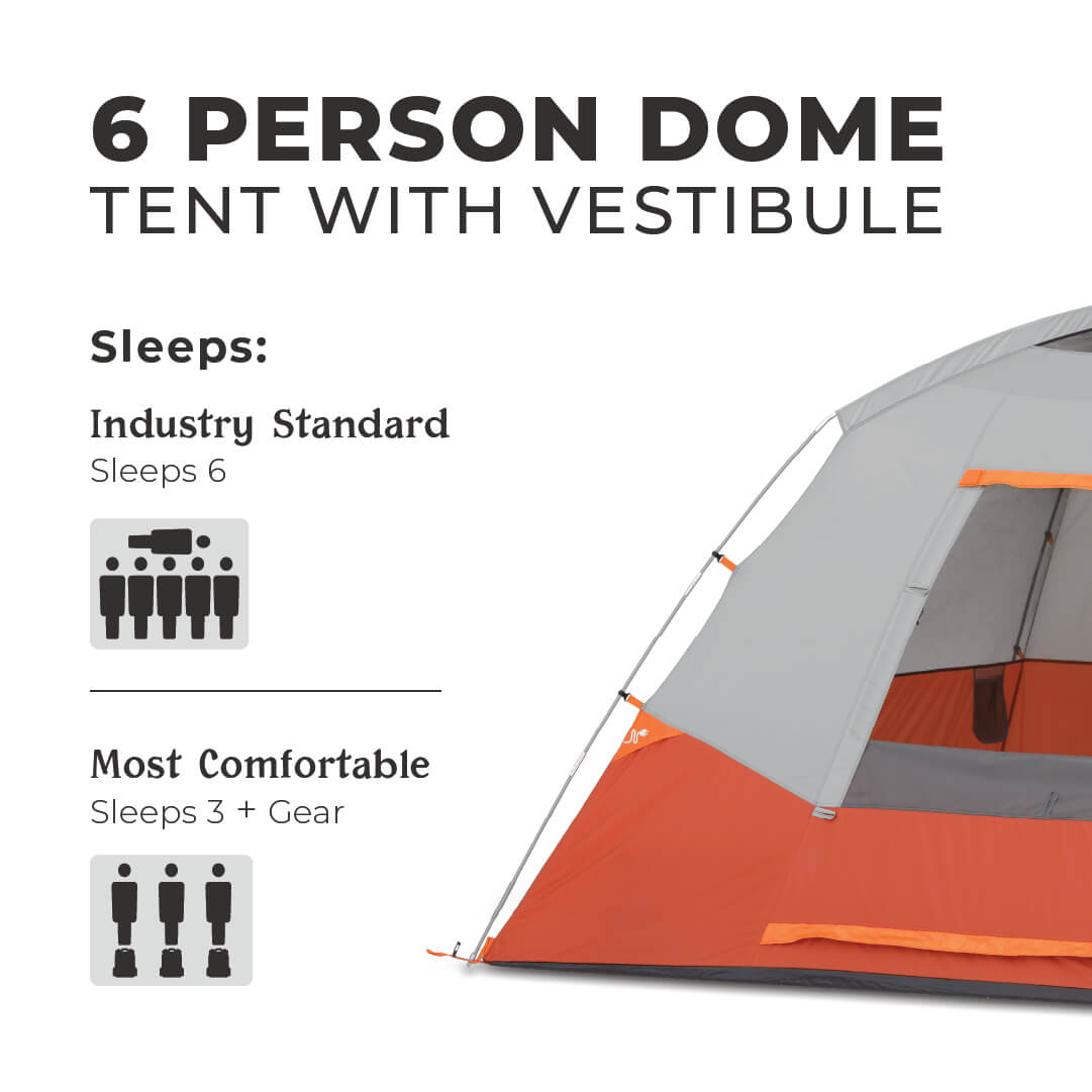 CORE 6 person dome tent with vestibule showing the sleeping capacity.