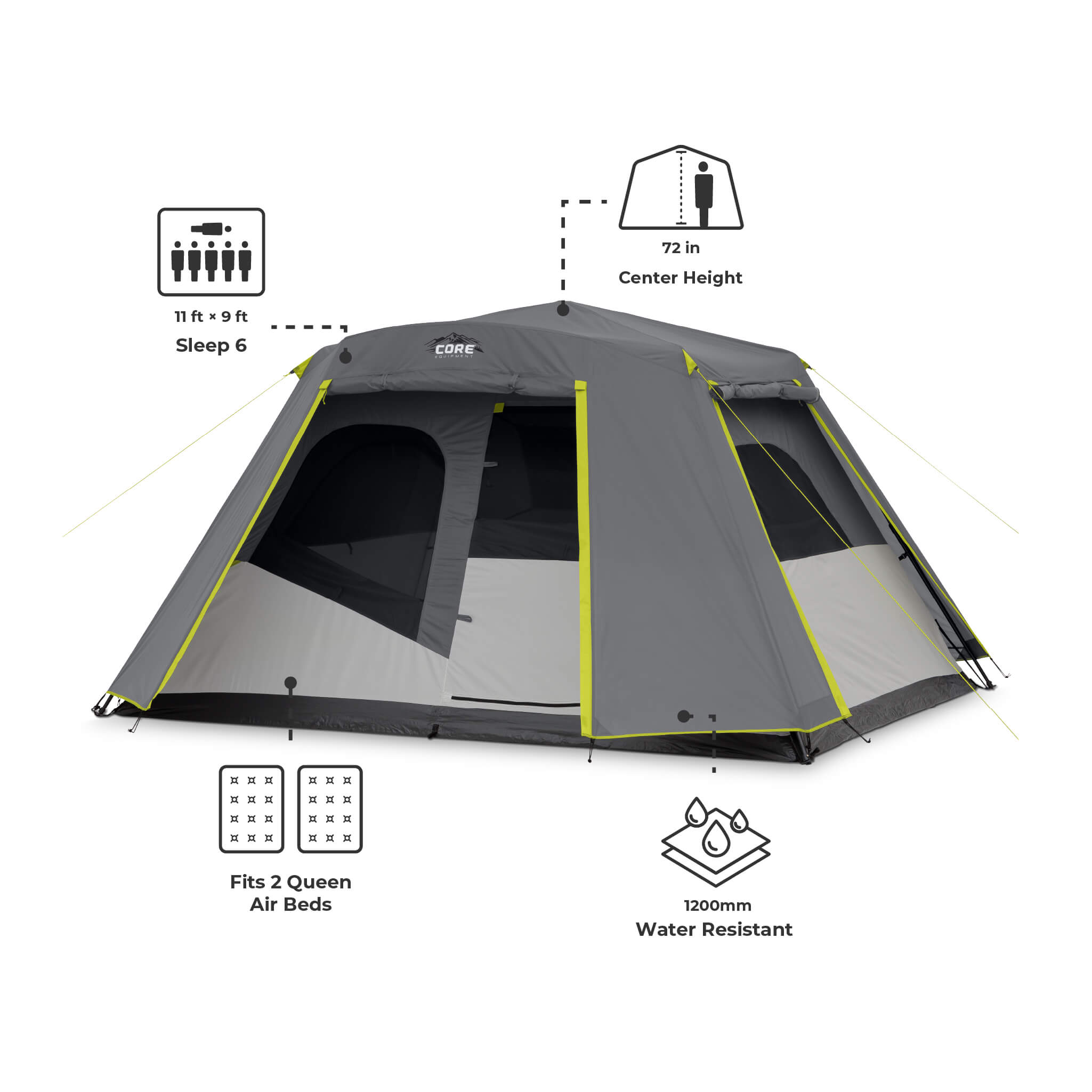 Dimensions of CORE 6 person instant cabin tent with full rainfly shown with 72 in center height, 11 x 9 ft floor, and space for 2 queen air beds.