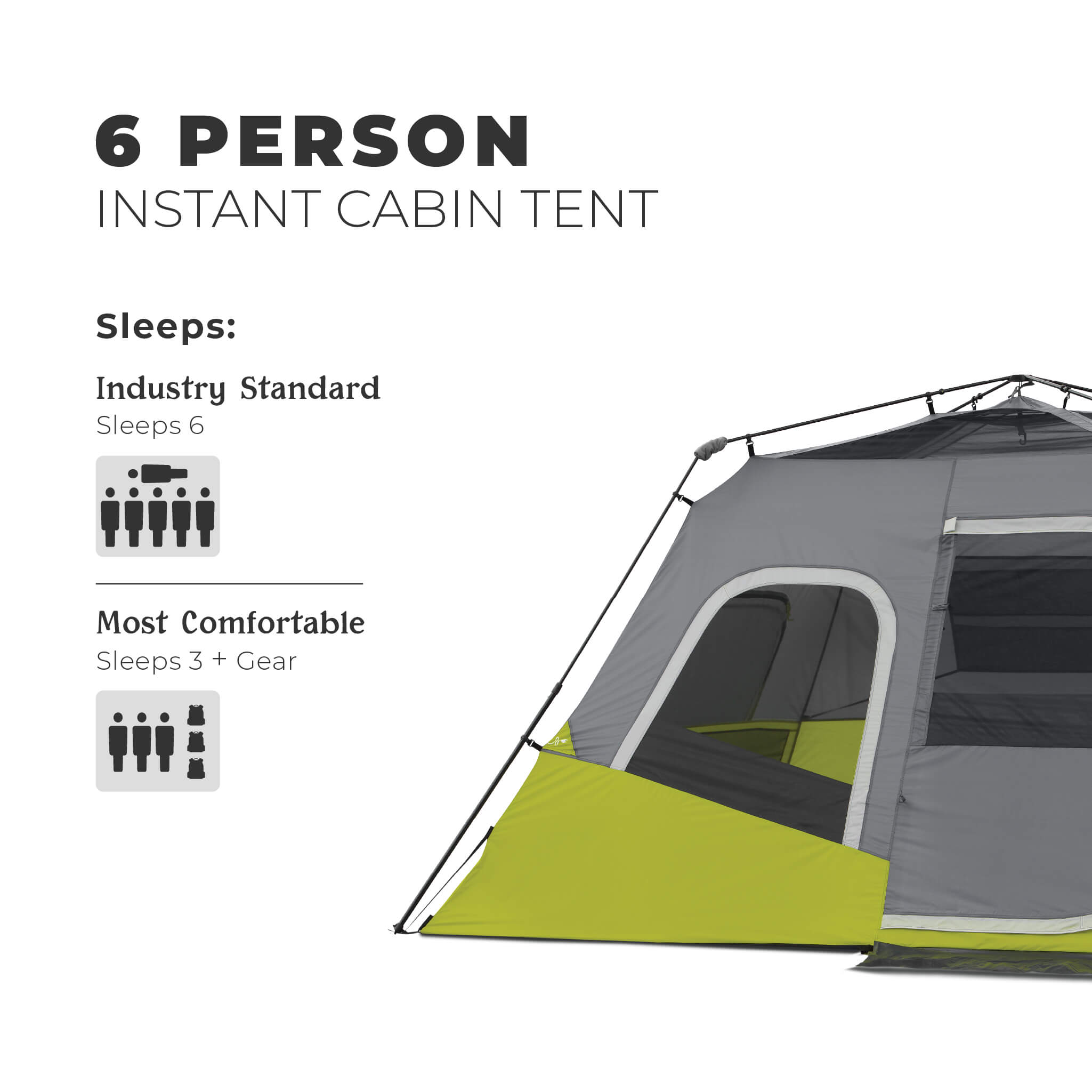 Image shows text: 6 Person Instant Cabin Tent, sleeps 6 industry standard or most comfortable for 3 people plus gear.