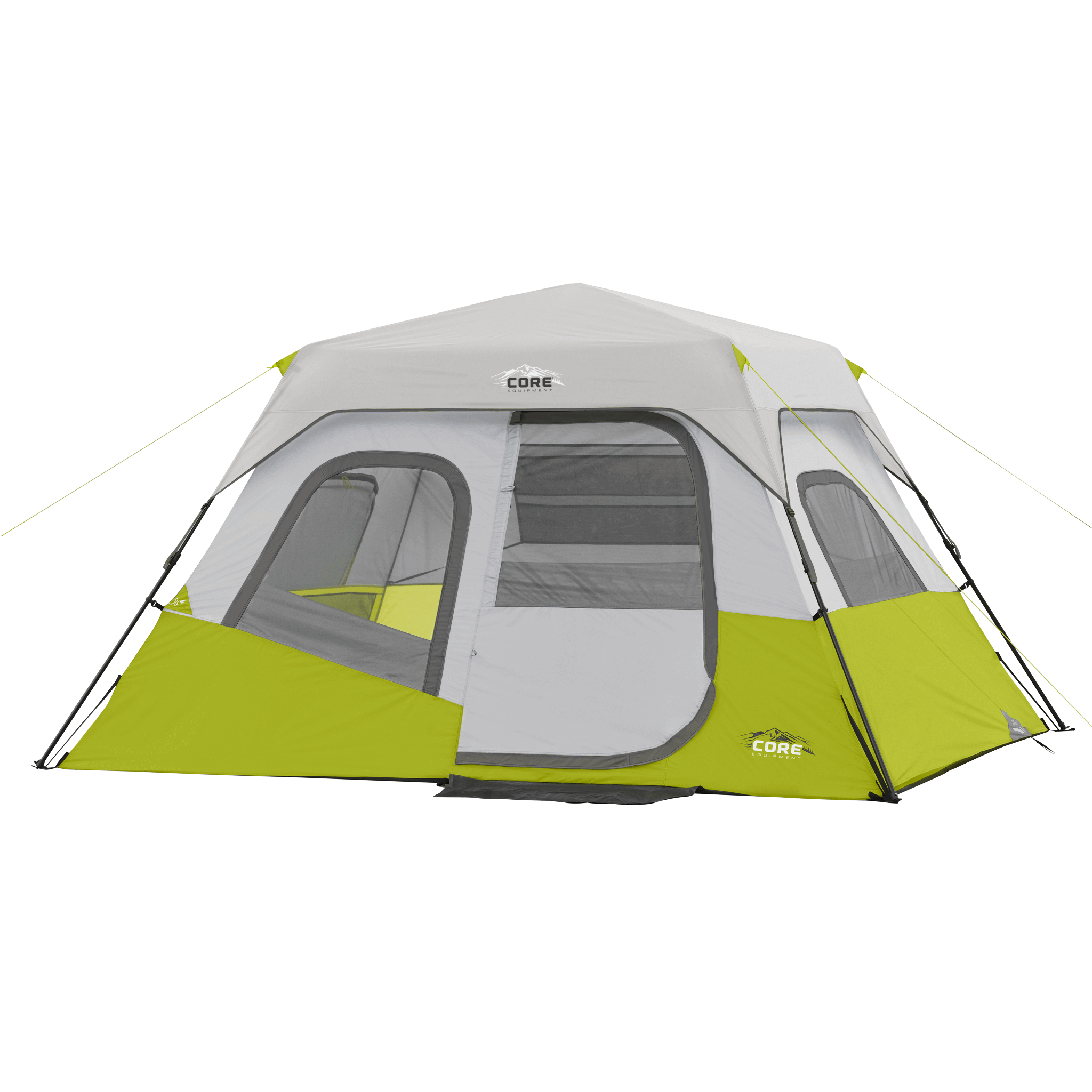 CORE 6 person instant cabin tent in light gray and green, featuring pre-attached poles for a quick 60-second setup and spacious interior.