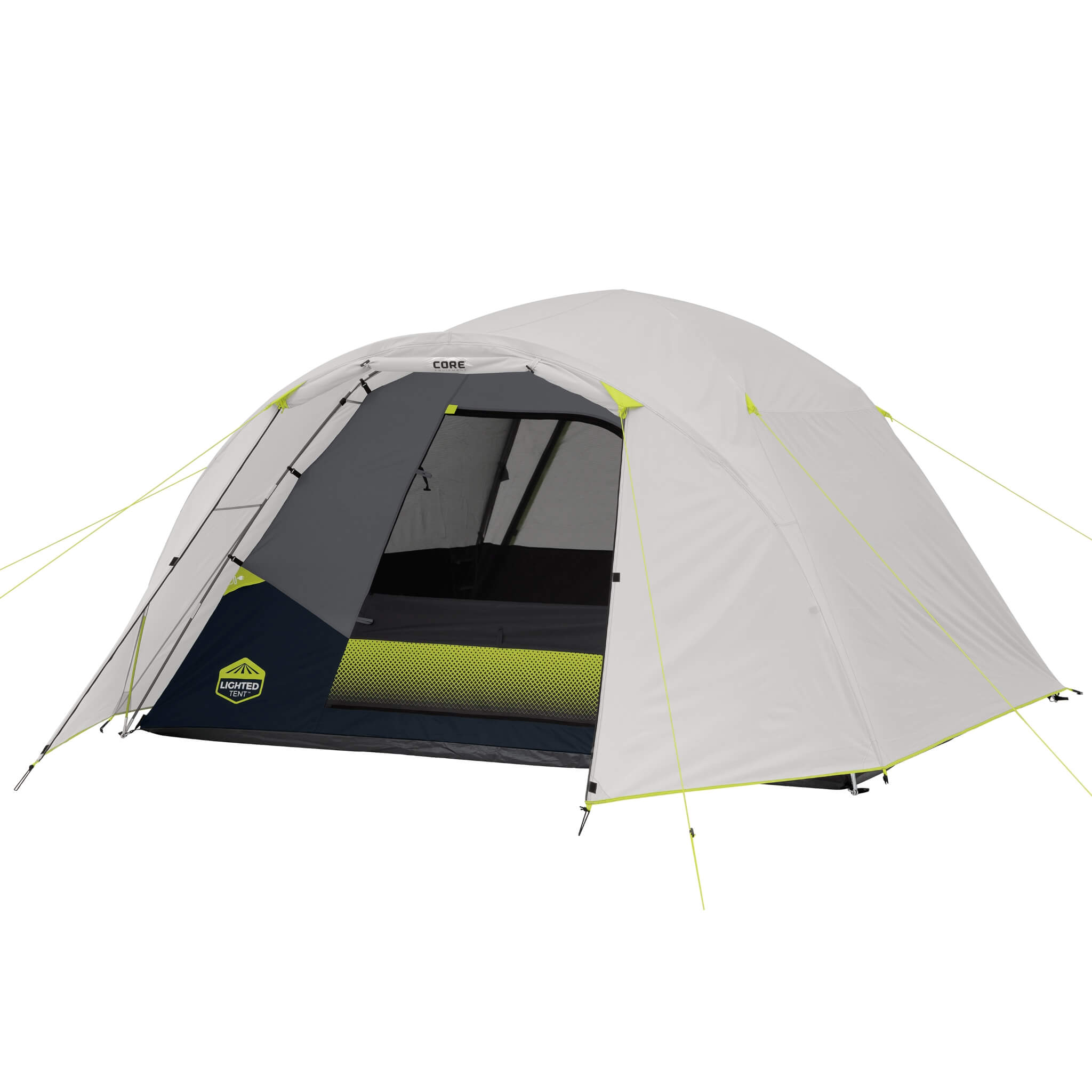 CORE 6 person lighted dome tent with full rainfly shown with partial rainfly, breathable mesh panels for ventilation and weather-ready setup.
