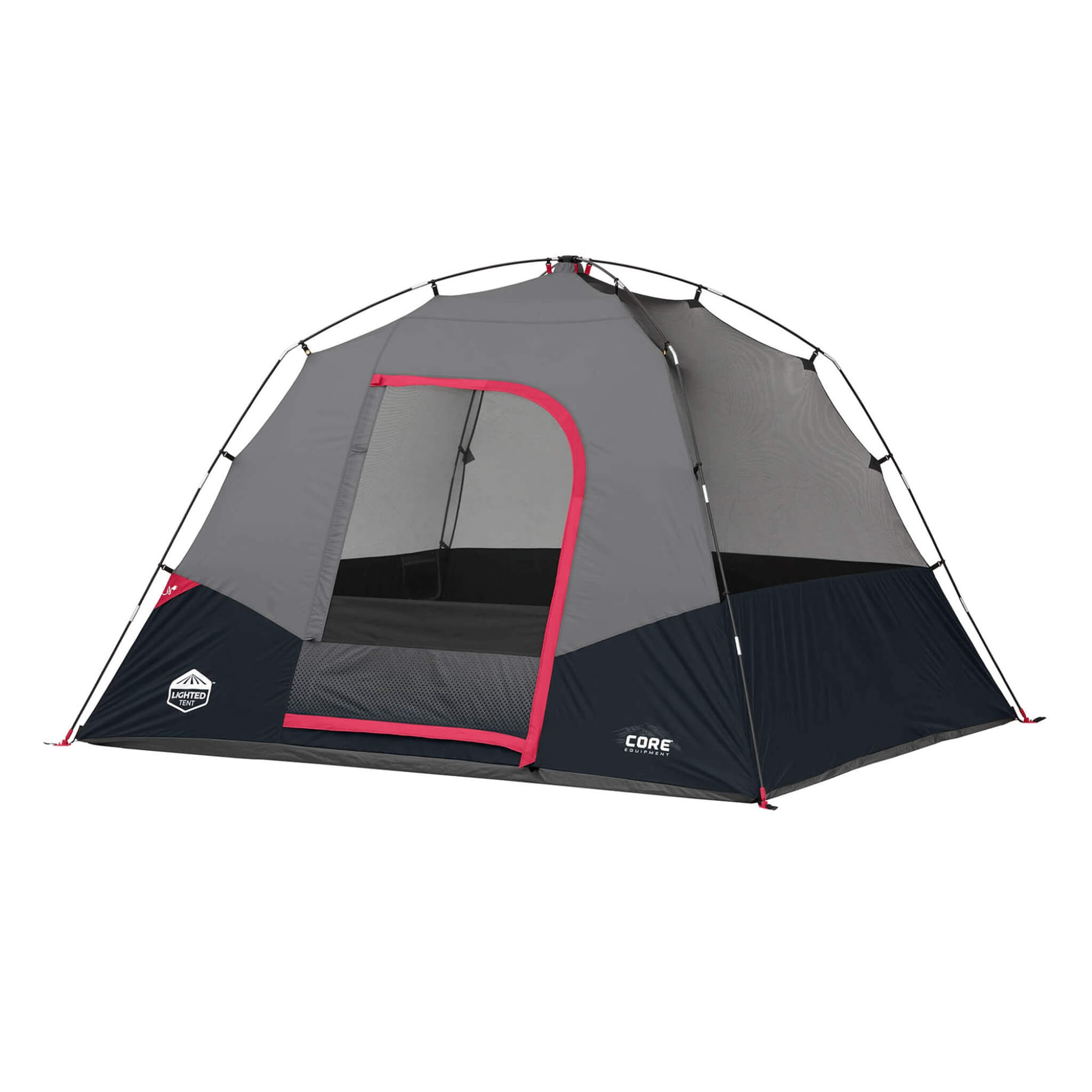 CORE 6 person lighted dome tent in gray with red accents, shown from an angled view with no rainfly, featuring weatherproof fabric and an entry door.