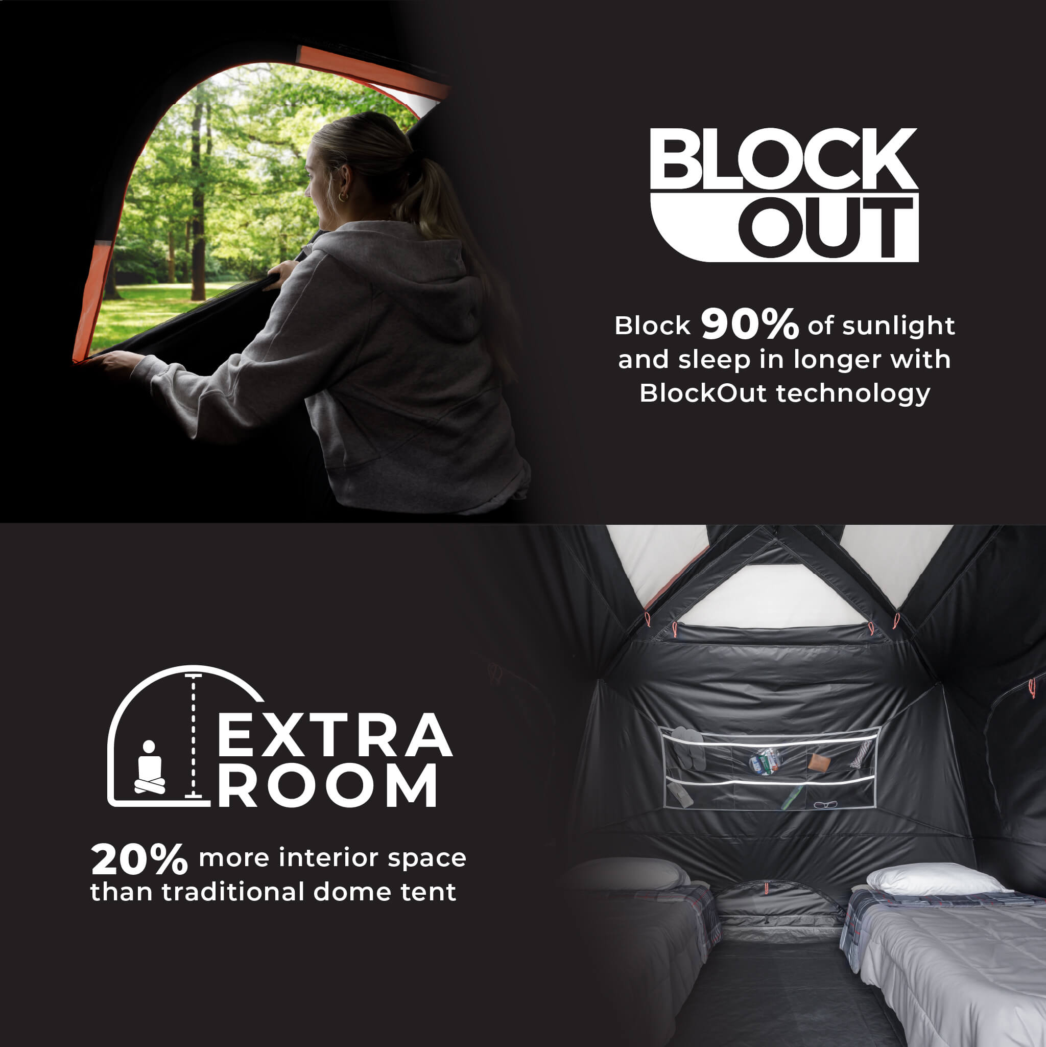 CORE Blockout dome tent interior showing Blockout fabric that blocks 90% of sunlight and creates 20% more interior space.