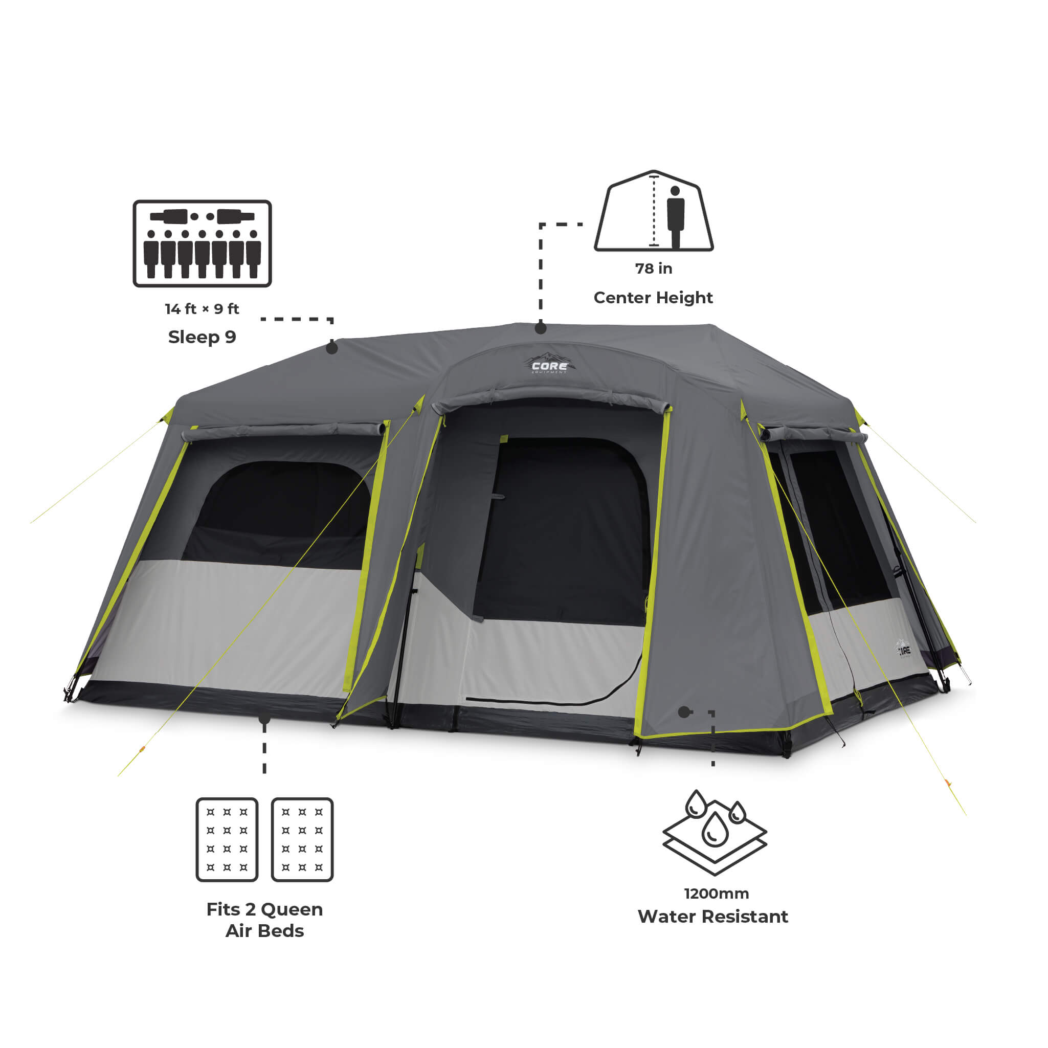 Dimensions of CORE 9 person instant cabin tent with full rainfly shown with 78 in center height, 14 x 9 ft floor, and space for 2 queen air beds.