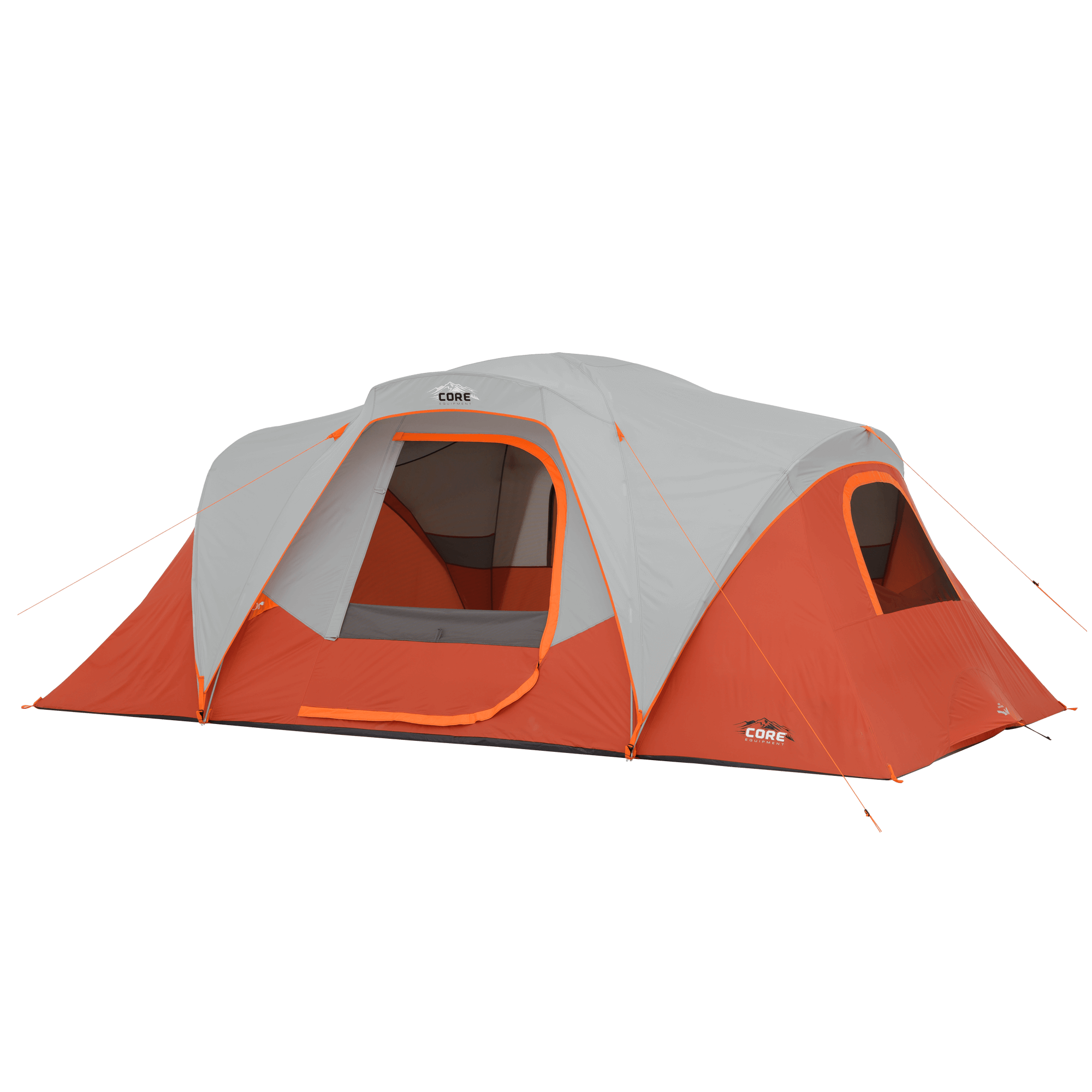 Orange and gray 9 person dome tent with CORE branding.