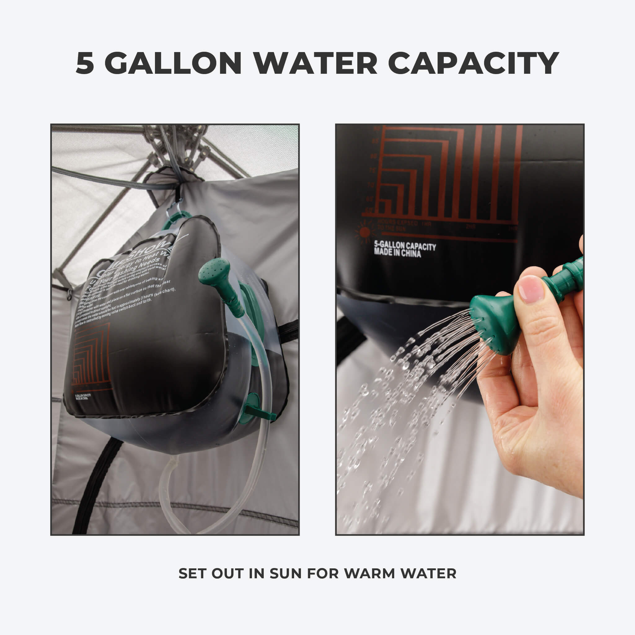 Image shows text: 5 Gallon Water Capacity with photos of shower bag and hose connection for warm outdoor shower use. Text at the bottom shows: Set out in sun for warm water.