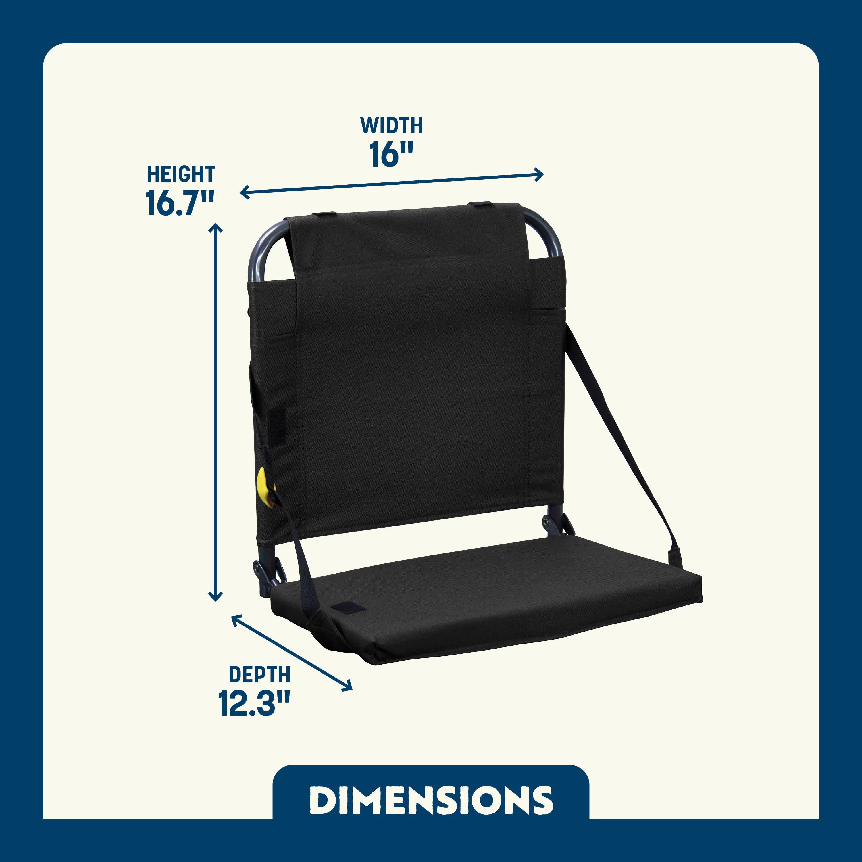 Dimension overview of the BleacherBack, with labeled width, height, and seat depth shown on a lightweight stadium-style seat.