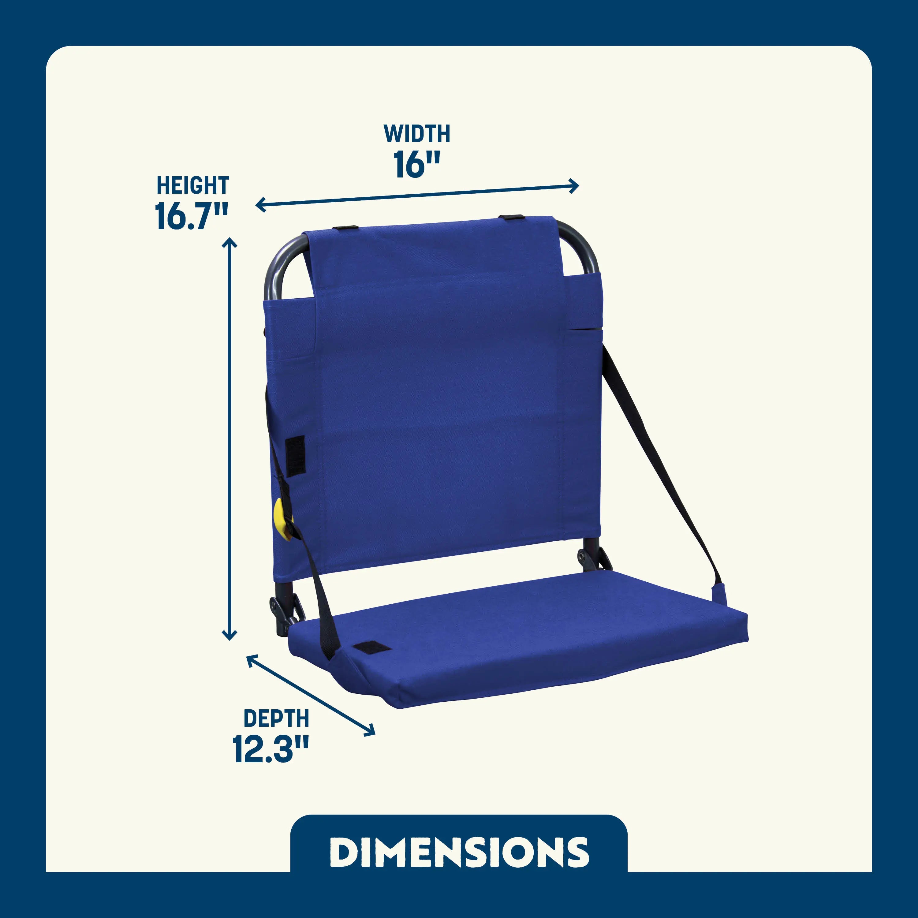 Dimension overview of the BleacherBack, with labeled width, height, and seat depth shown on a lightweight stadium-style seat.