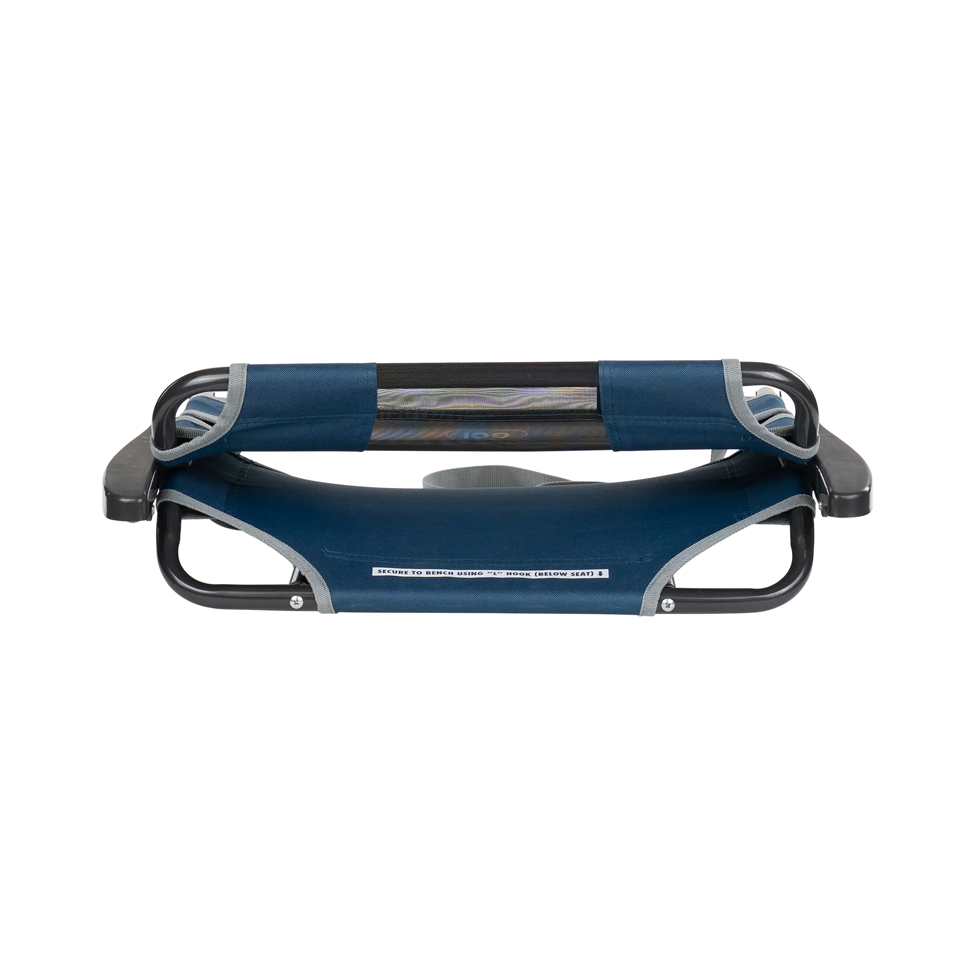 The navy big comfort stadium chair with armrest folded up. 