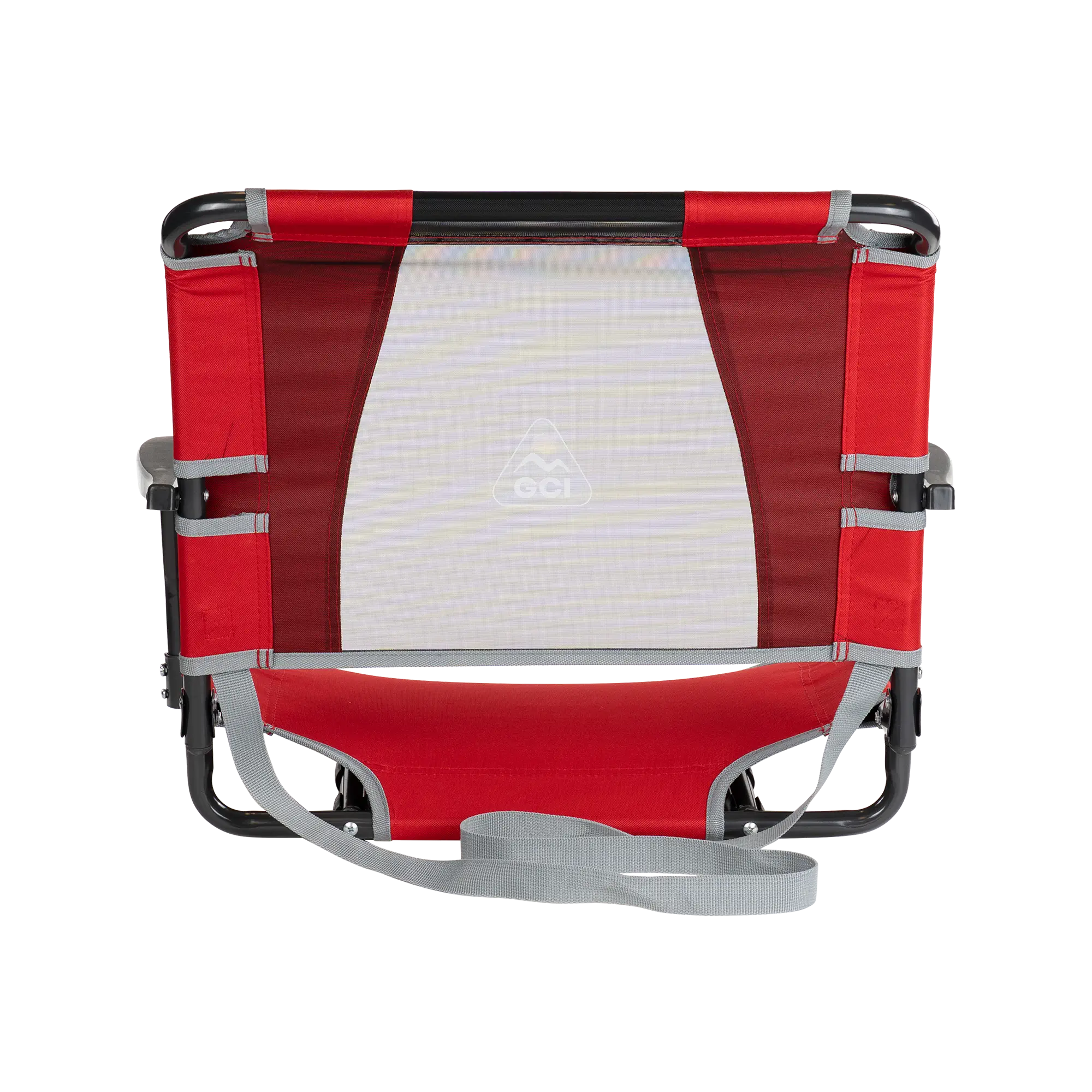 Straight back angle of the backside of the red big comfort stadium with armrests. 