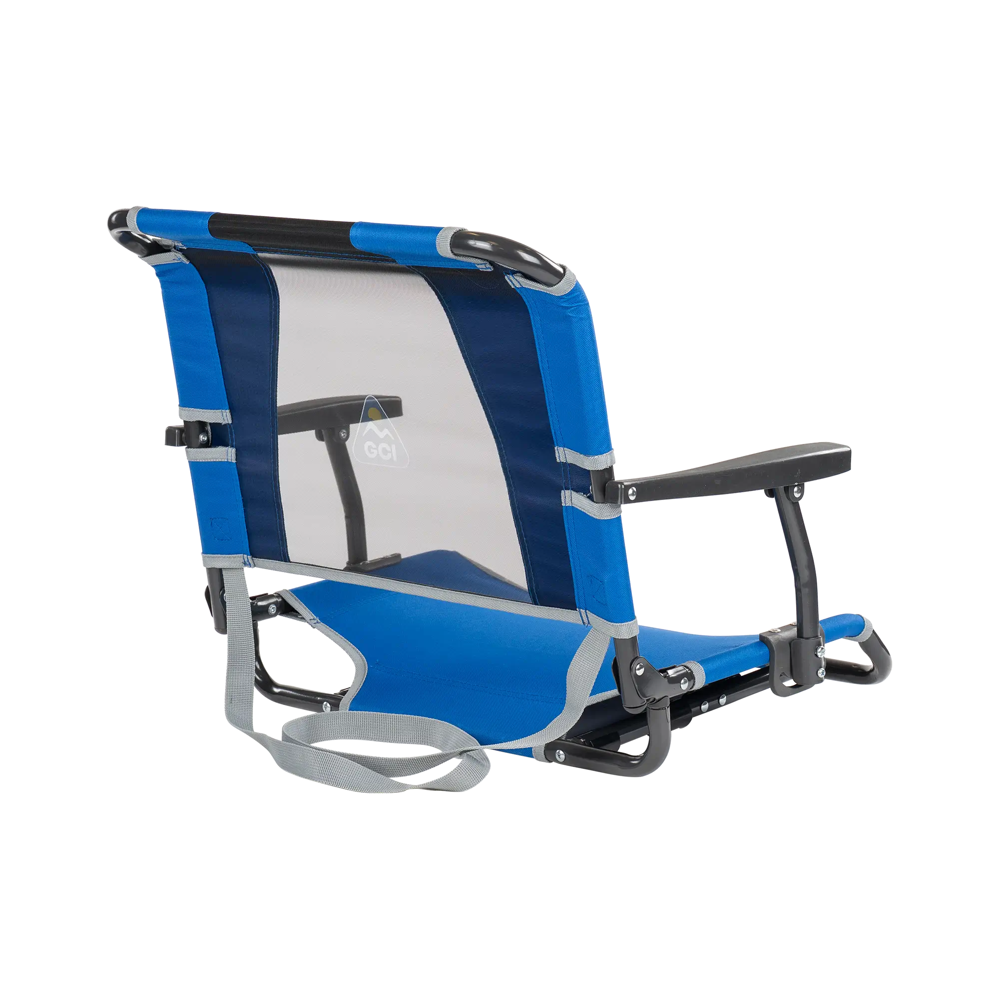 Back side of the royal blue big comfort stadium chair with armrests. 
