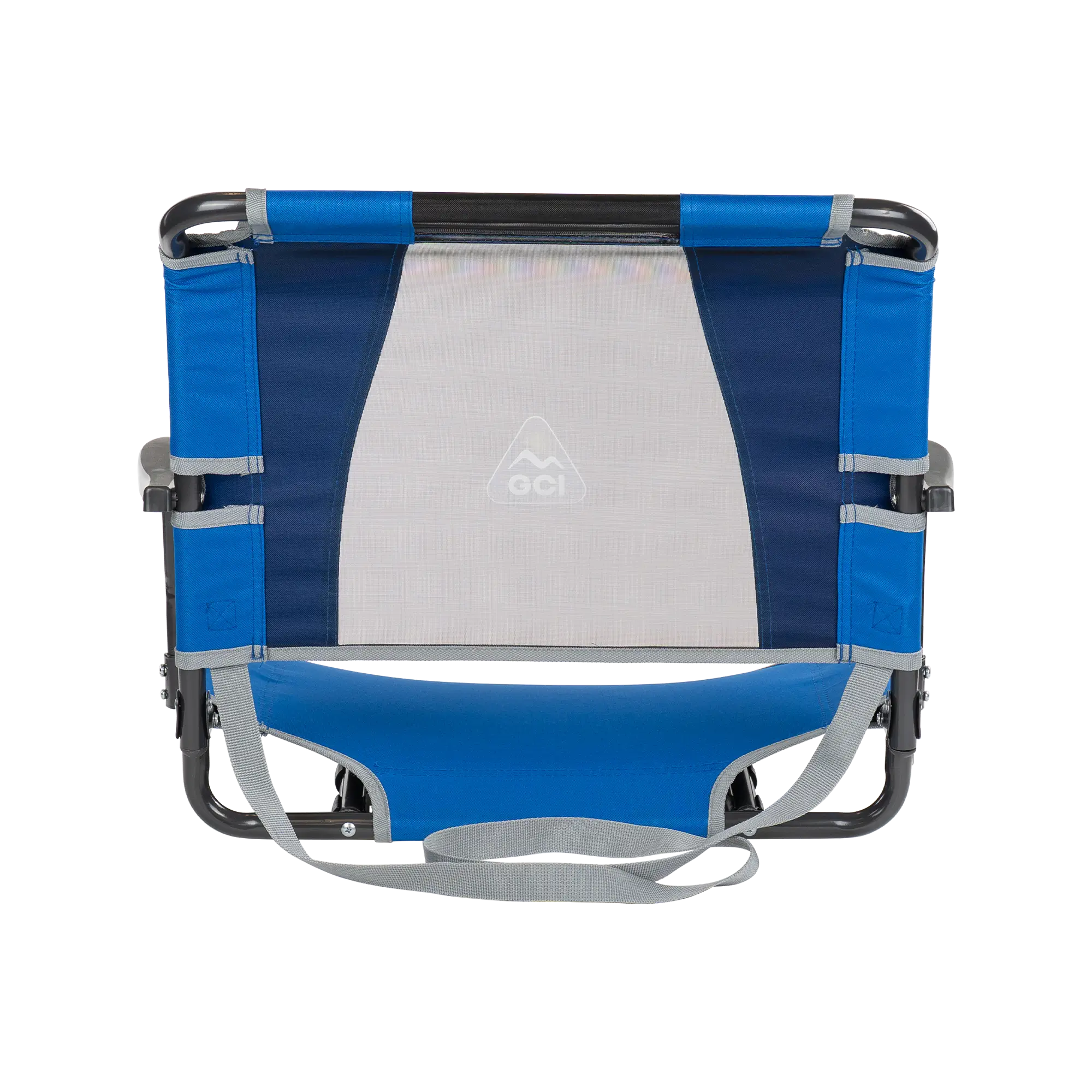 Straight back angle of the backside of the royal blue big comfort stadium with armrests. 